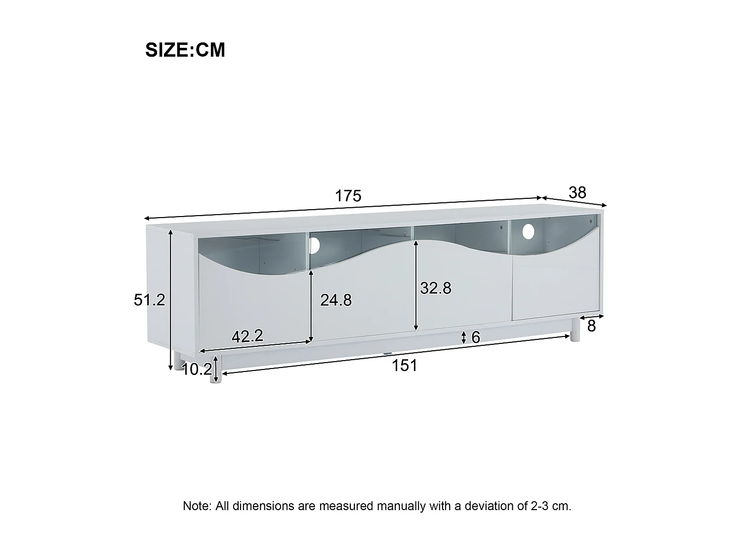 Meuble TV 175x38x51cm - avec 2 portes - portes en verre trempé - éclairage LED - Blanc