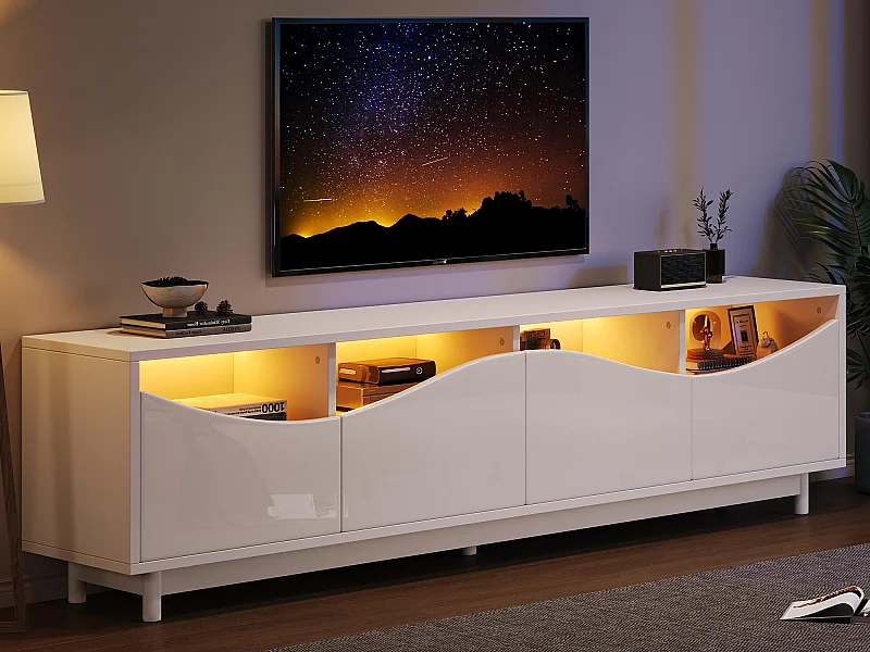 Meble TV 175x38x51cm - z 2 drzwiami - drzwi ze szkła hartowanego - oświetlenie LED - Biały