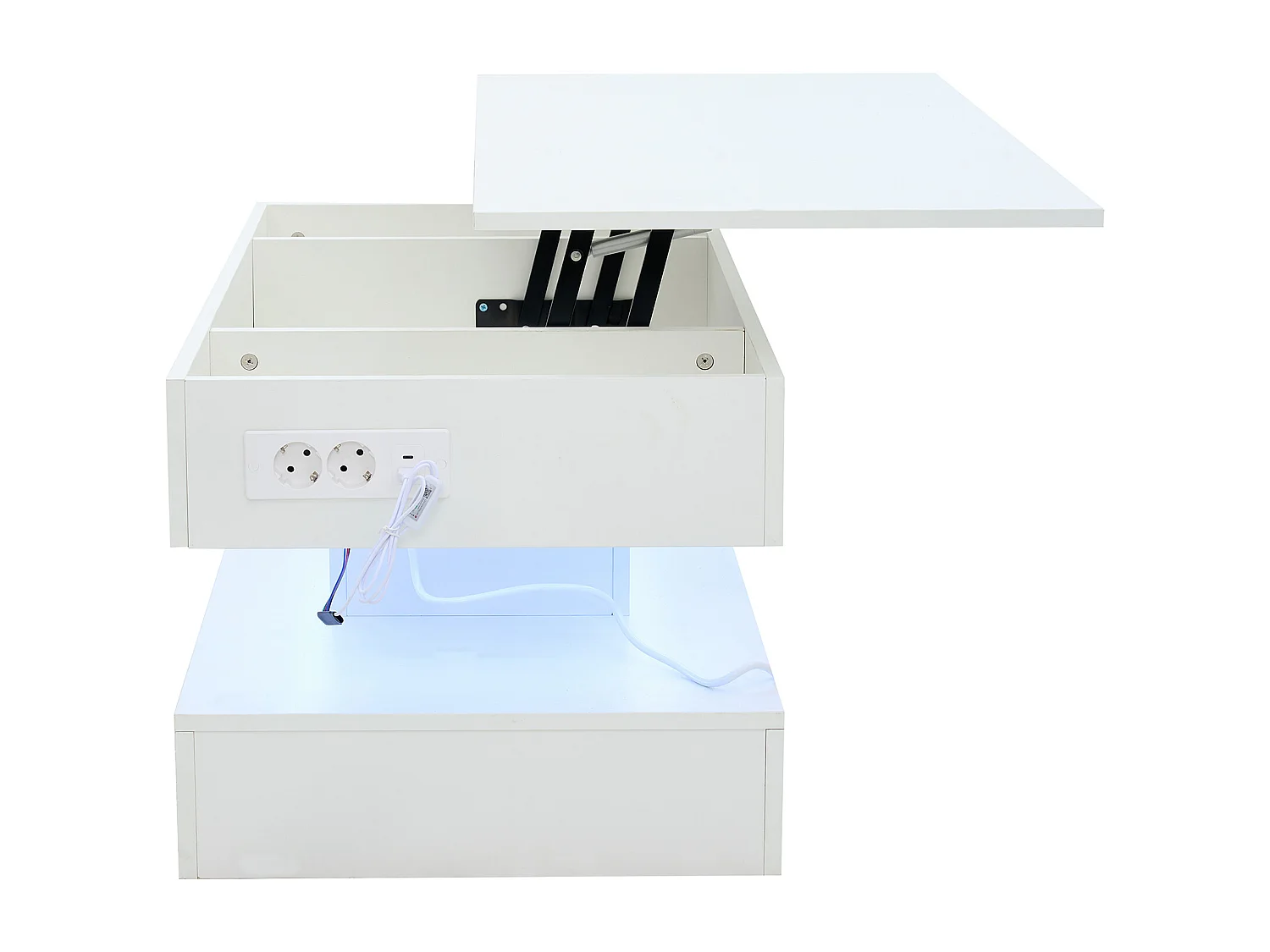 Mesa de centro moderna 100x50x42 cm - con iluminación LED - almacenamiento oculto - elevador hidráulico - blanco