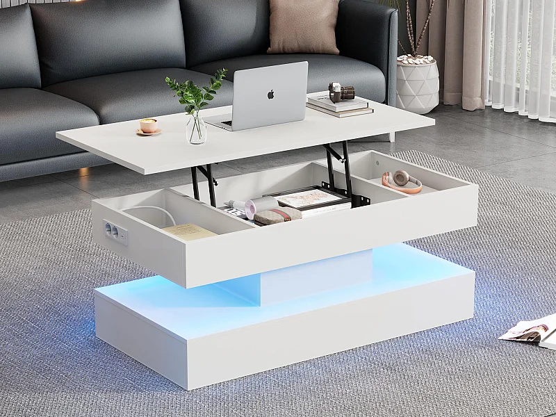 Table basse moderne 100x50x42cm - avec éclairage LED - rangement caché - avec élévateur hydraulique - blanc