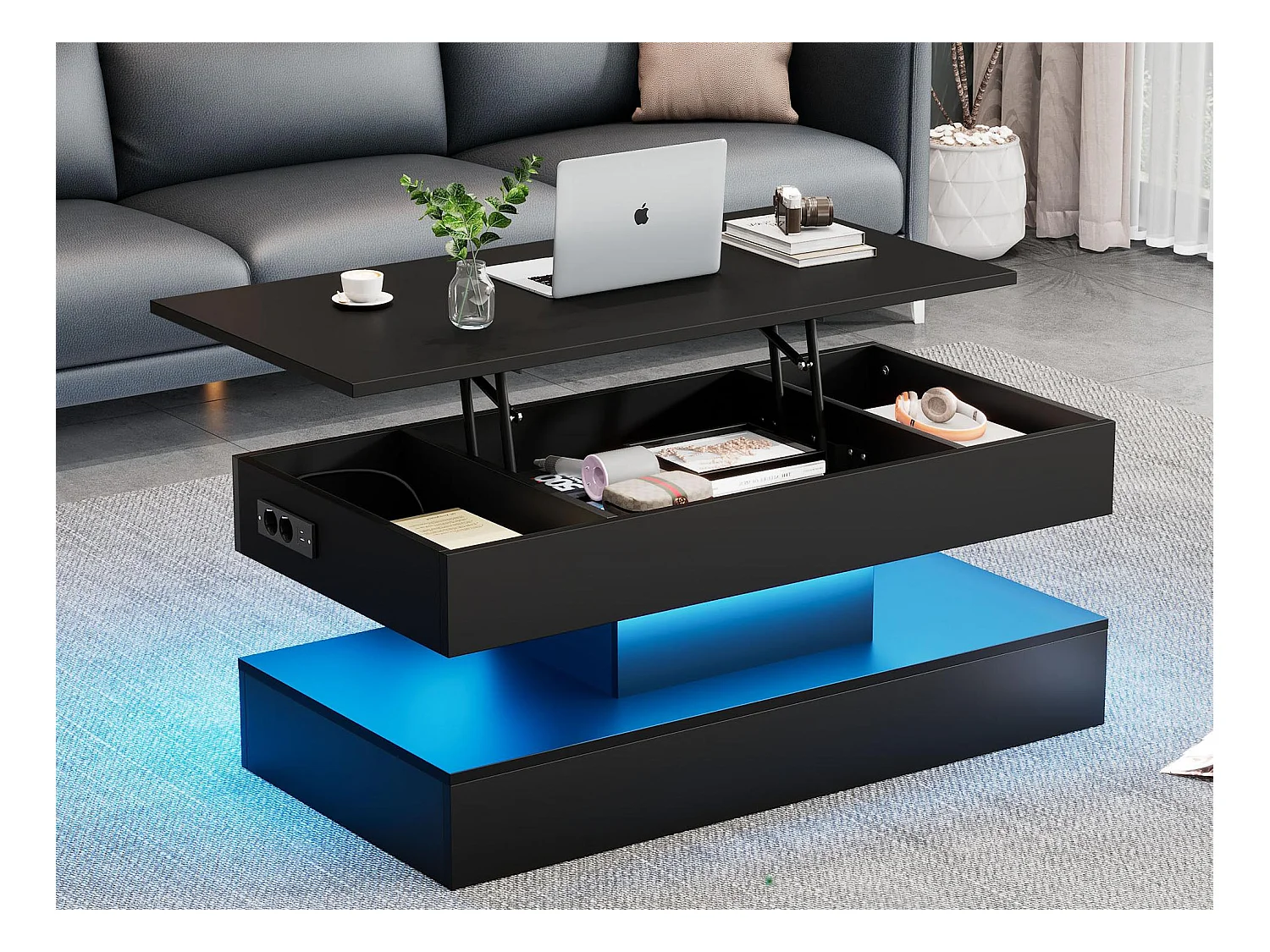 Moderner Couchtisch 100x50x42 cm - mit LED-Beleuchtung - versteckter Stauraum - hydraulischer Hebelift - schwarz