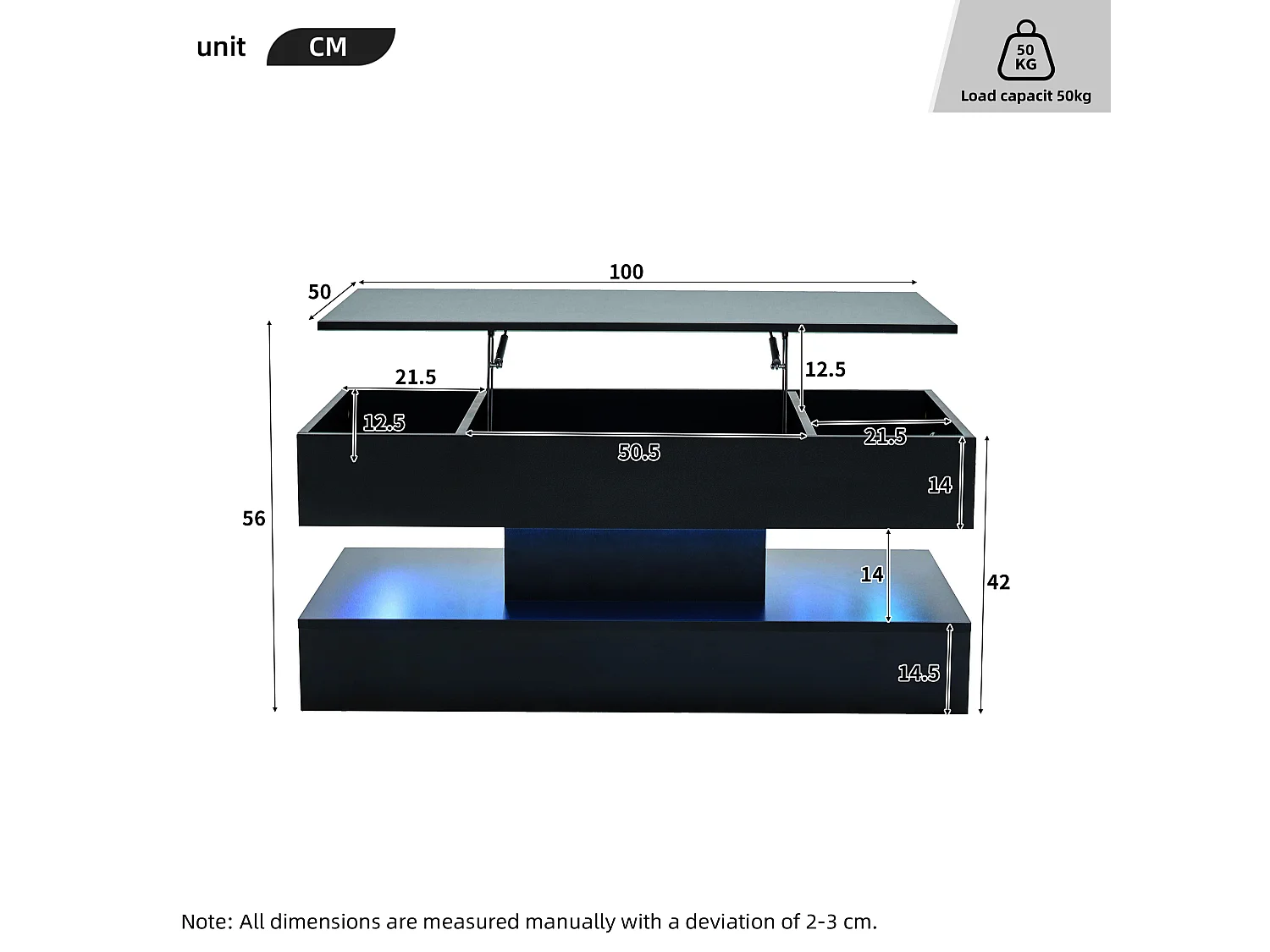 Tavolino moderno 100x50x42 cm - con illuminazione LED - vano nascosto - meccanismo idraulico di sollevamento - nero