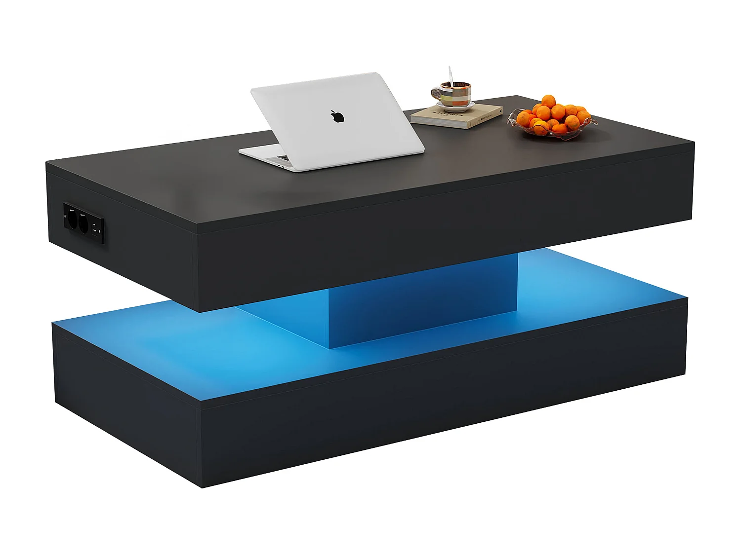 Tavolino moderno 100x50x42 cm - con illuminazione LED - vano nascosto - meccanismo idraulico di sollevamento - nero