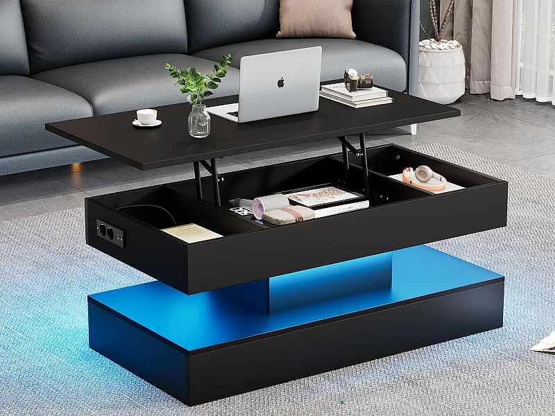 Table basse moderne 100x50x42cm - avec éclairage LED - rangement caché - avec élévateur hydraulique - noir