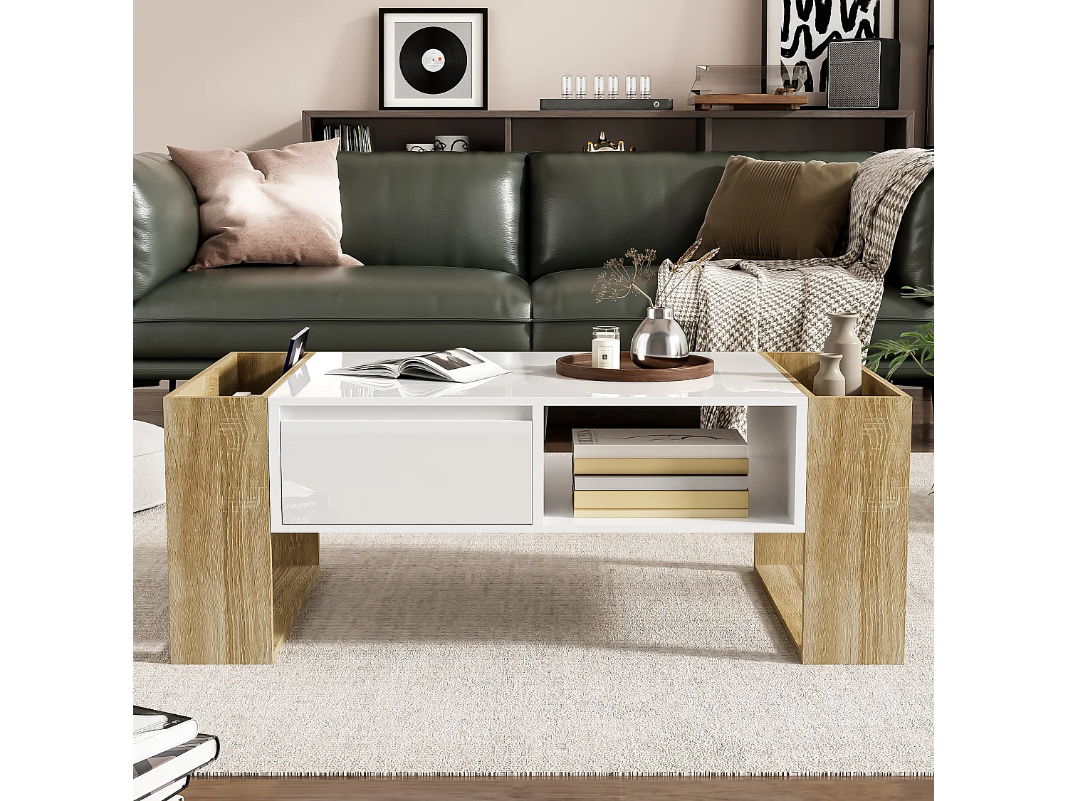 Table basse moderne 105 x 60 x 40 cm - partiellement brillante - avec tiroirs - compartiments ouverts - blanc + naturel