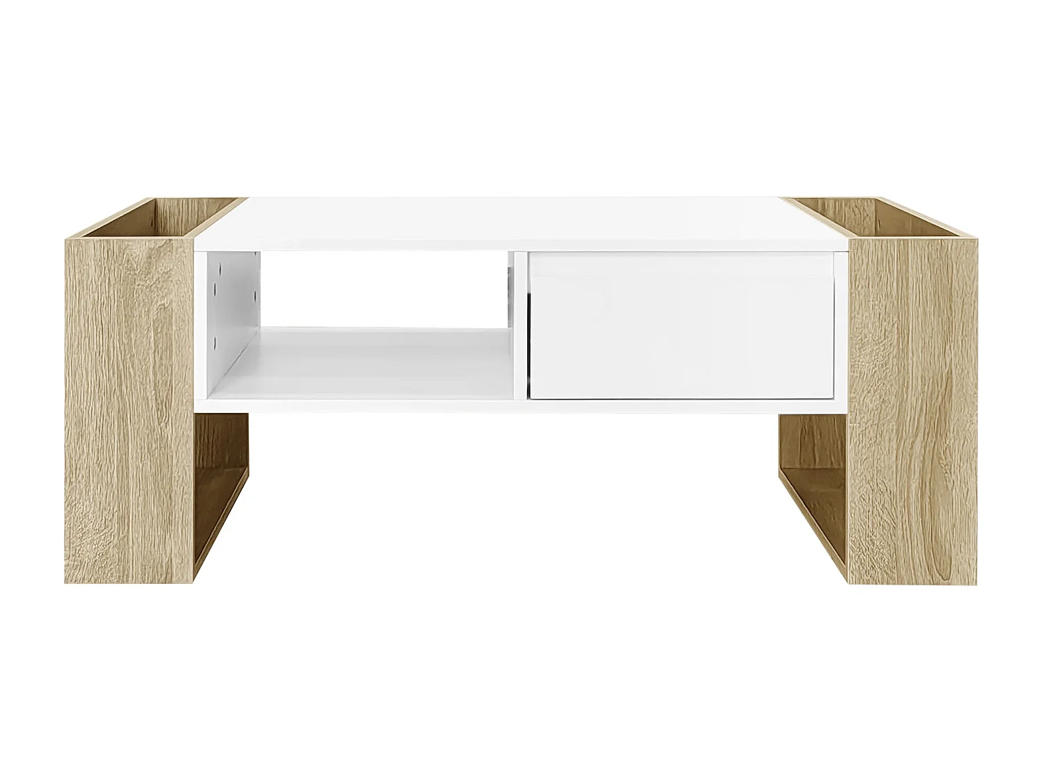 Table basse moderne 105 x 60 x 40 cm - partiellement brillante - avec tiroirs - compartiments ouverts - blanc + naturel