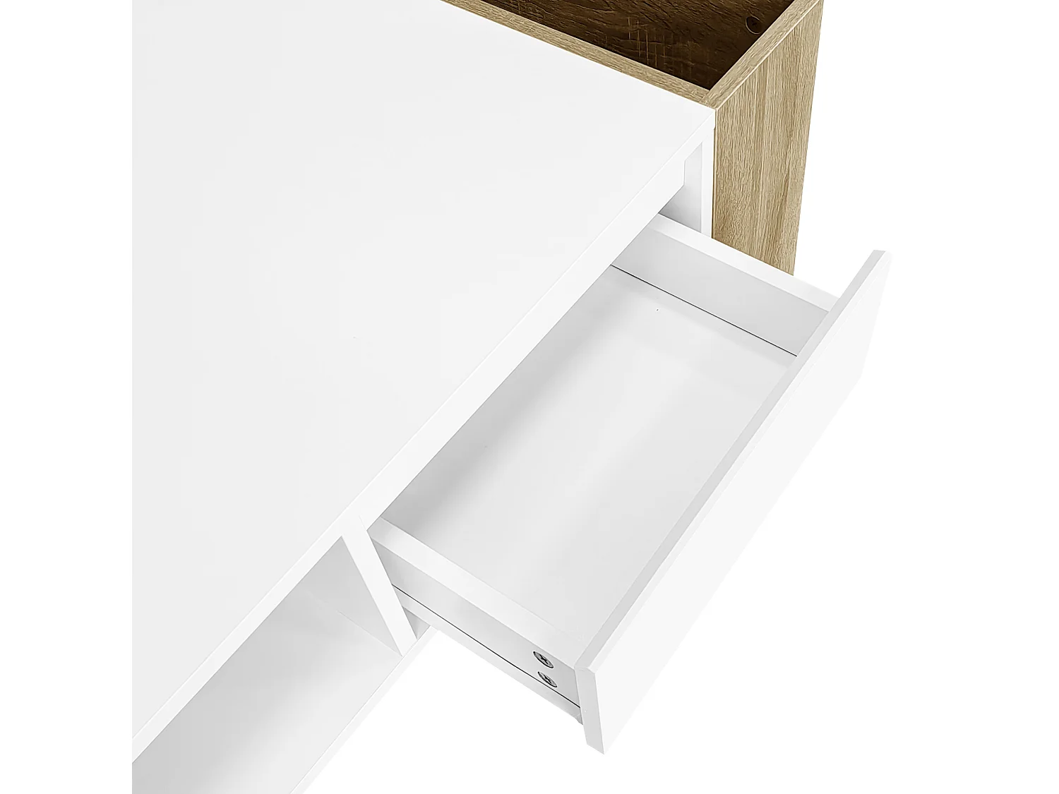 Table basse moderne 105 x 60 x 40 cm - partiellement brillante - avec tiroirs - compartiments ouverts - blanc + naturel