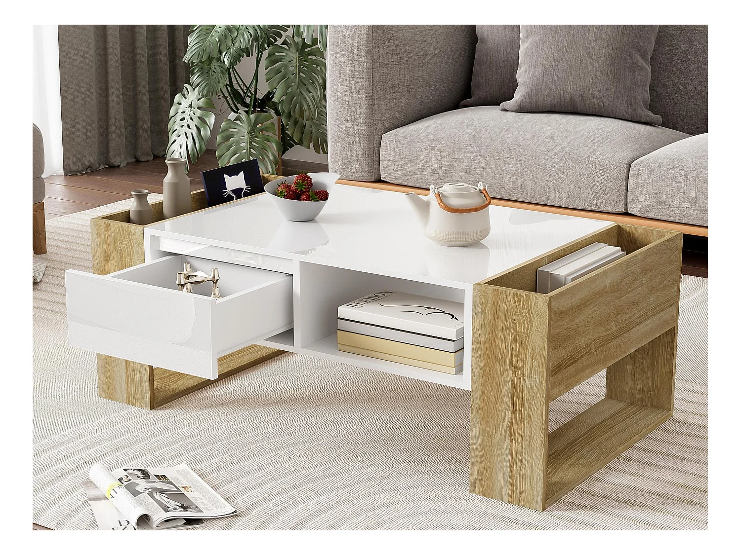 Table basse moderne 105 x 60 x 40 cm - partiellement brillante - avec tiroirs - compartiments ouverts - blanc + naturel
