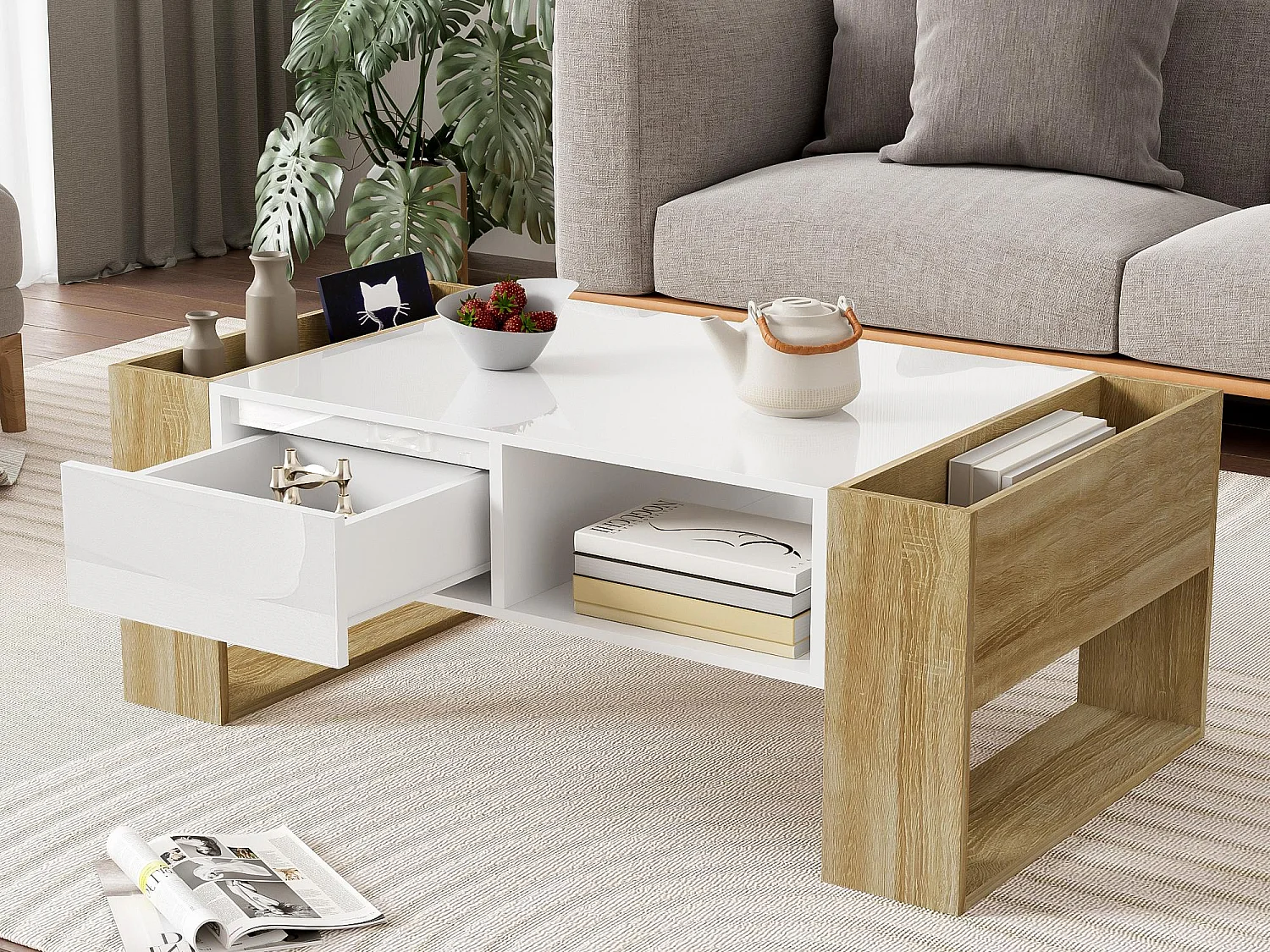 Table basse moderne 105 x 60 x 40 cm - partiellement brillante - avec tiroirs - compartiments ouverts - blanc + naturel