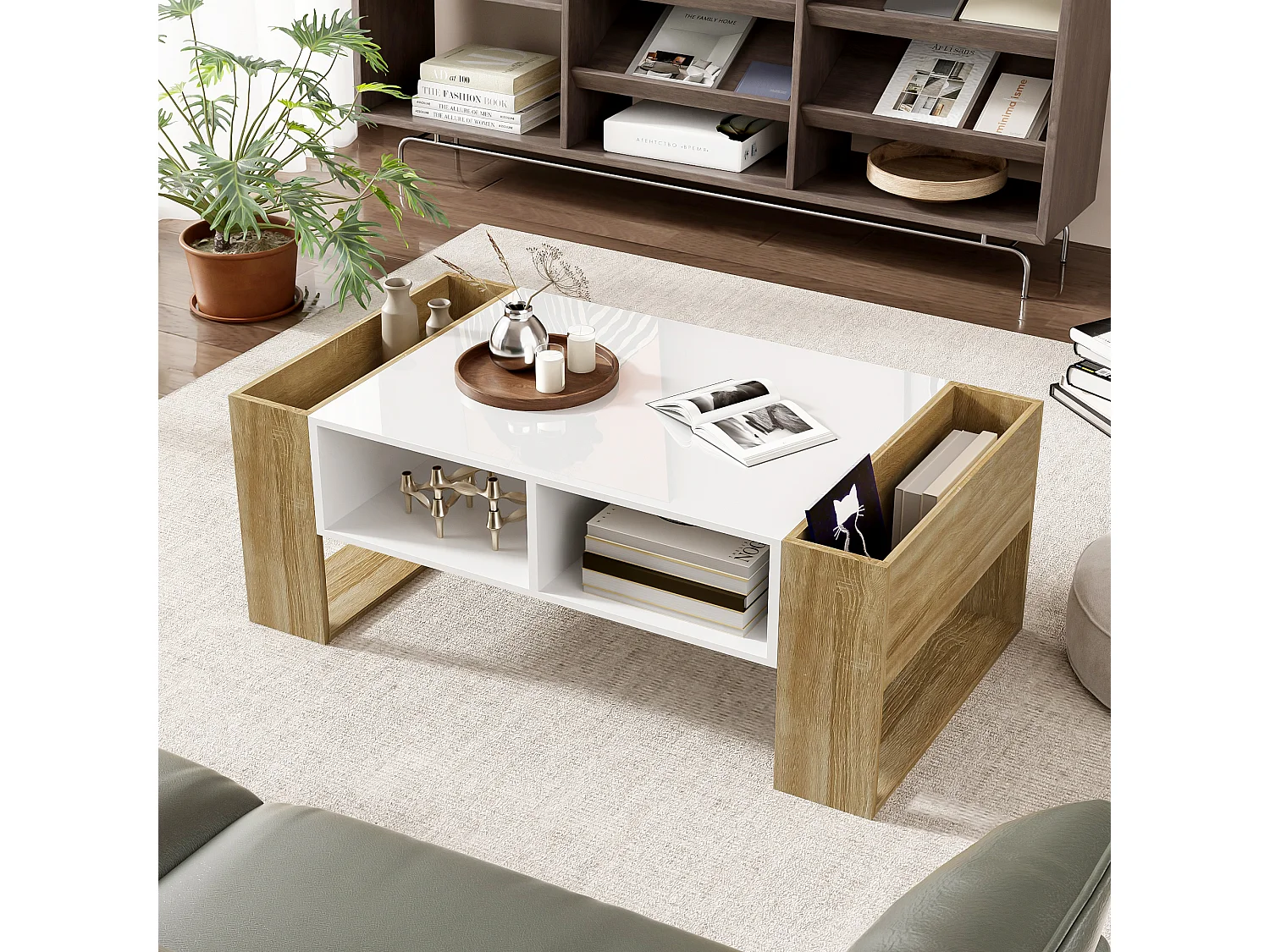 Table basse moderne 105 x 60 x 40 cm - partiellement brillante - avec tiroirs - compartiments ouverts - blanc + naturel