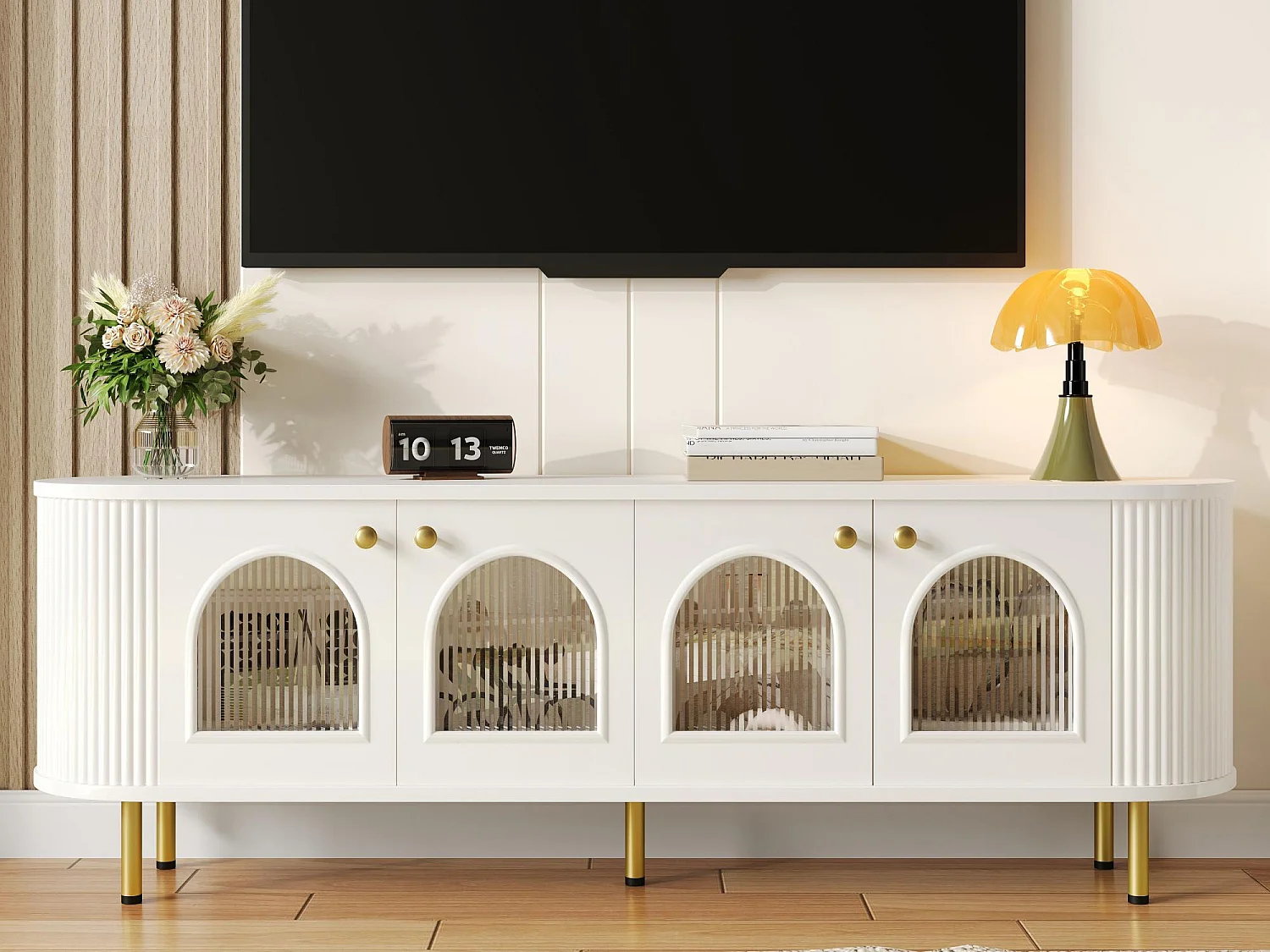 Meuble TV 170x35x55cm - avec 4 portes vitrées - poignées et pieds dorés - Blanc