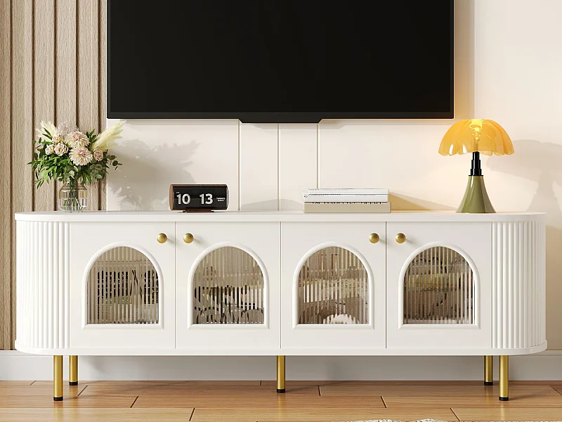 Mobile TV 170x35x55 cm - con 4 ante a vetro - maniglie e piedini dorati - Bianco