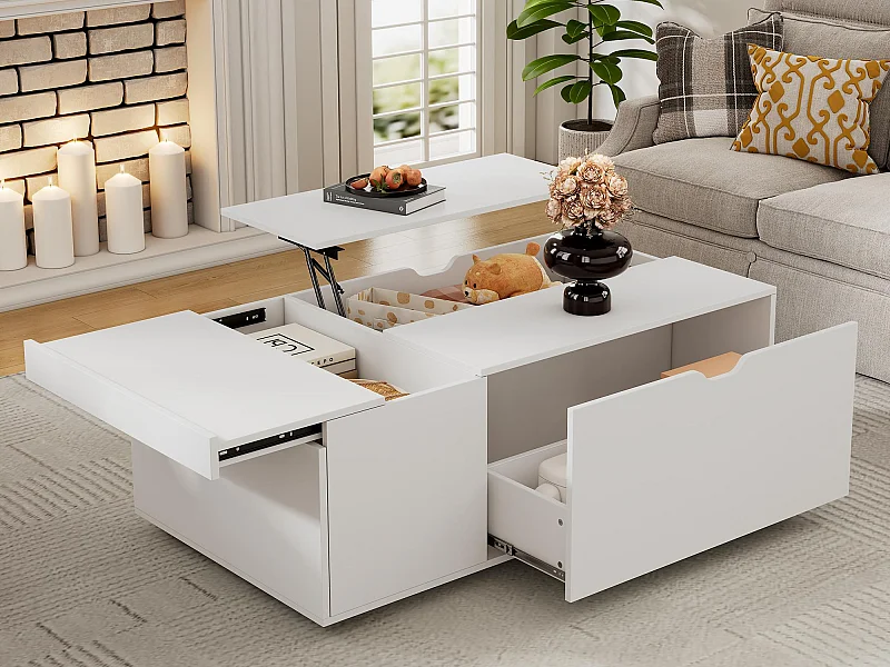 Nowoczesny stół kawowy 120x65x45,5 cm - z 1 dużą szufladą - podnoszony design - biały