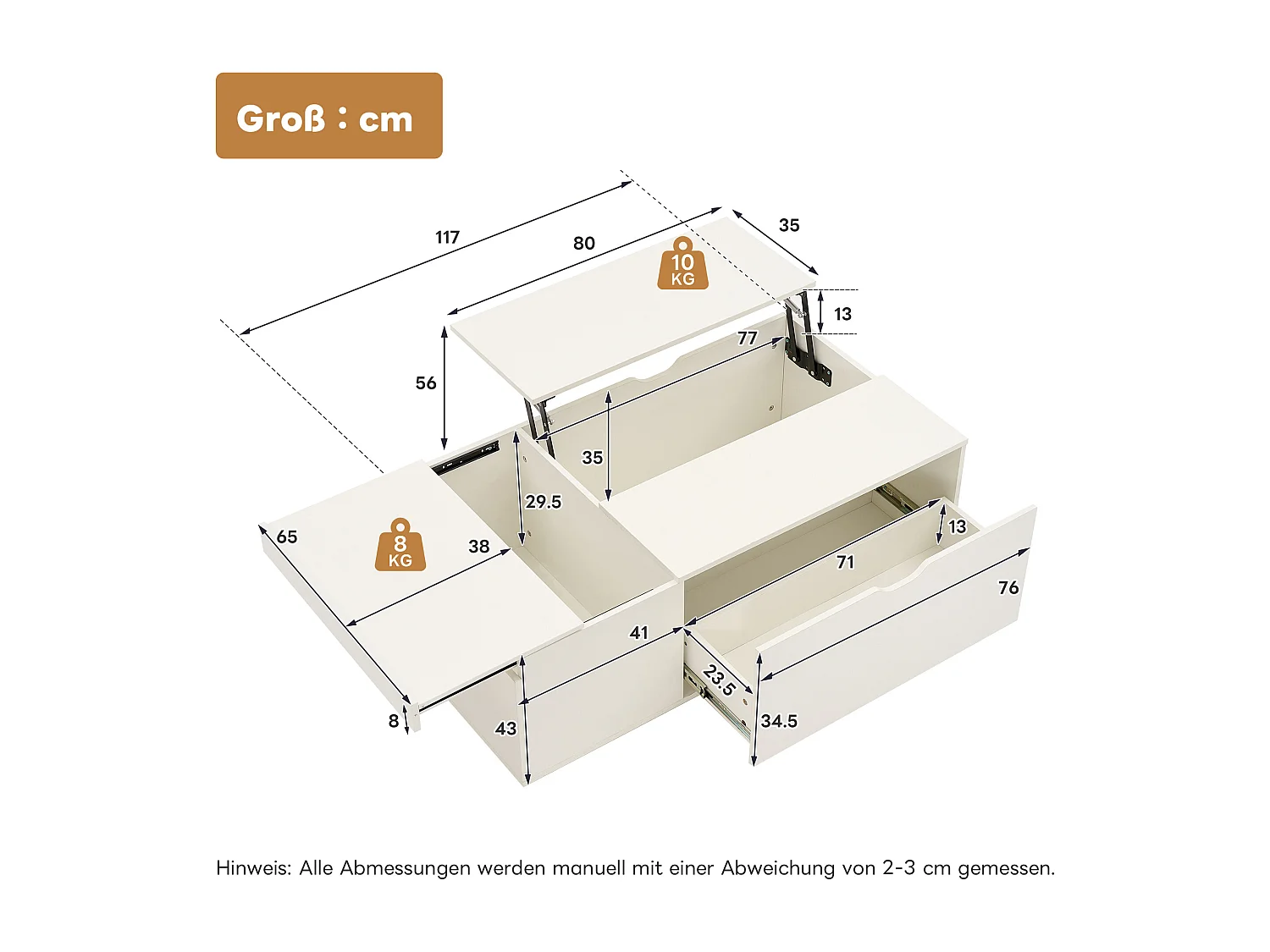 Moderne salontafel 120x65x45.5 cm - met 1 grote lade - opklapbaar design - wit