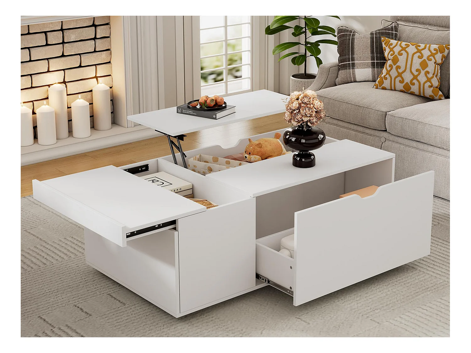Table basse moderne 120x65x45.5cm - avec 1 grand tiroir - design relevable - blanc