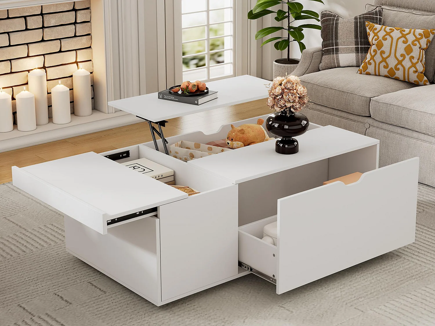 Table basse moderne 120x65x45.5cm - avec 1 grand tiroir - design relevable - blanc