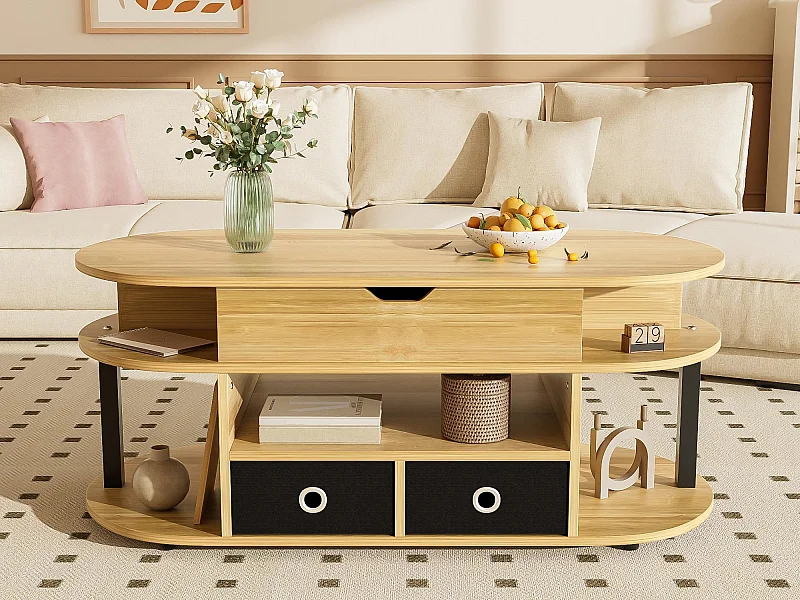 Moderner Couchtisch 105x50x60 cm - ​Höhenverstellfunktion - 2 Schubladen - Mehrere Staufächer - Natur + schwarz