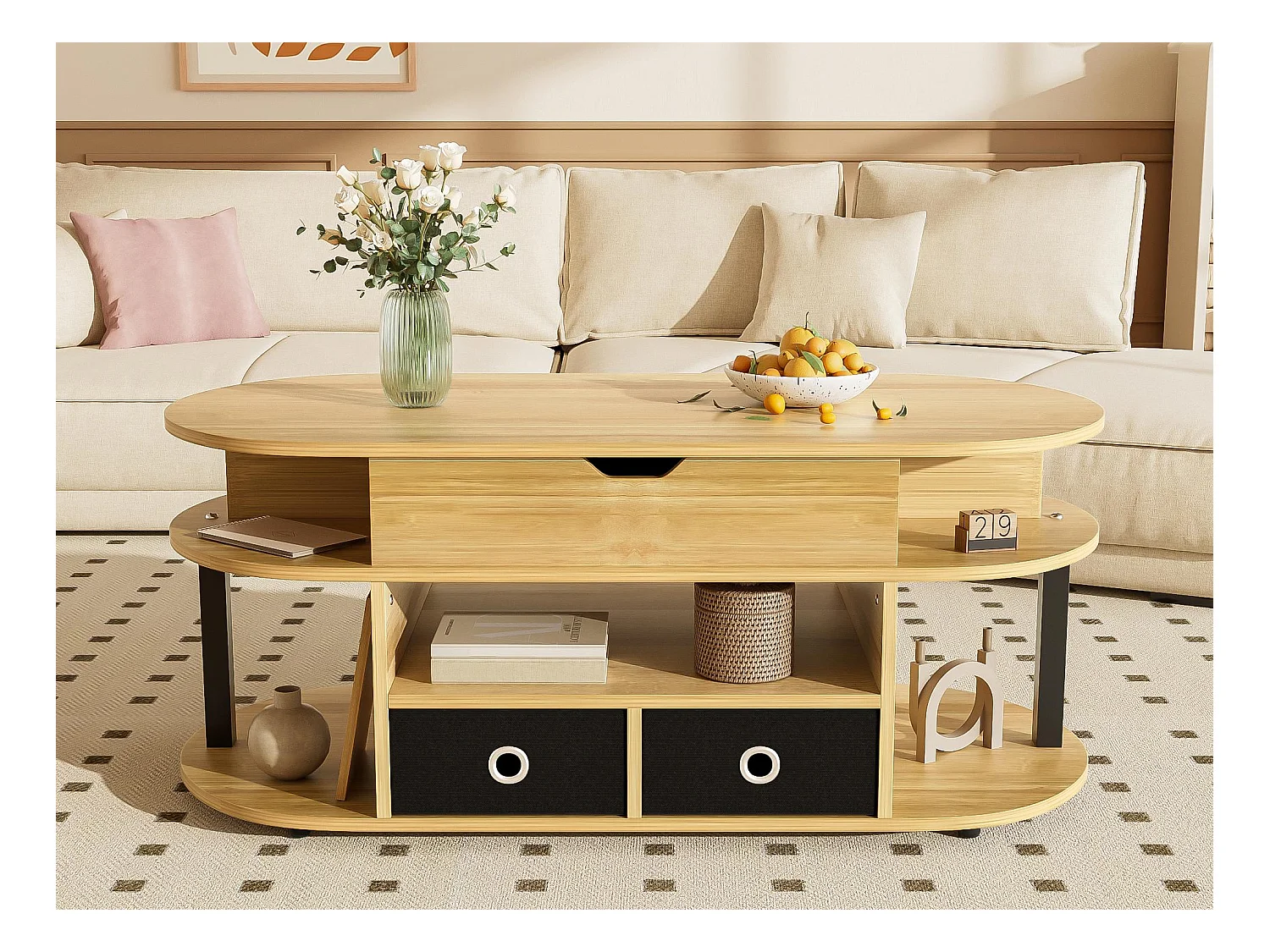 Table basse moderne 105x50x60cm - Fonction élévatrice - 2 tiroirs - Plusieurs compartiments de rangement - Naturel + noir