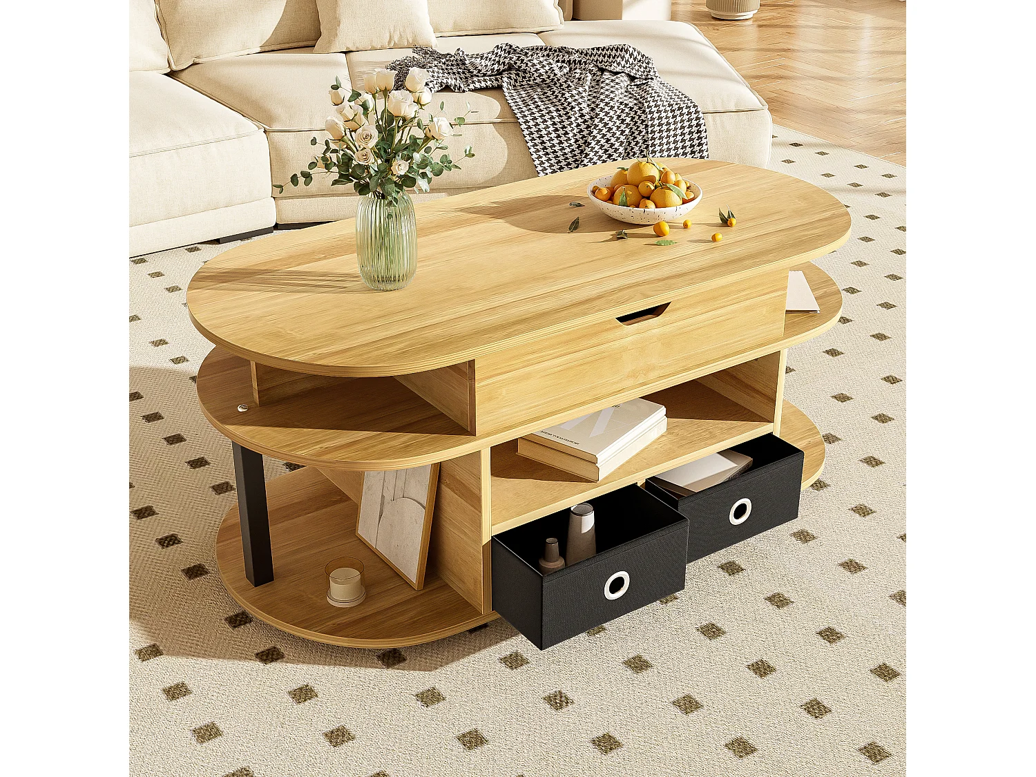 Table basse moderne 105x50x60cm - Fonction élévatrice - 2 tiroirs - Plusieurs compartiments de rangement - Naturel + noir