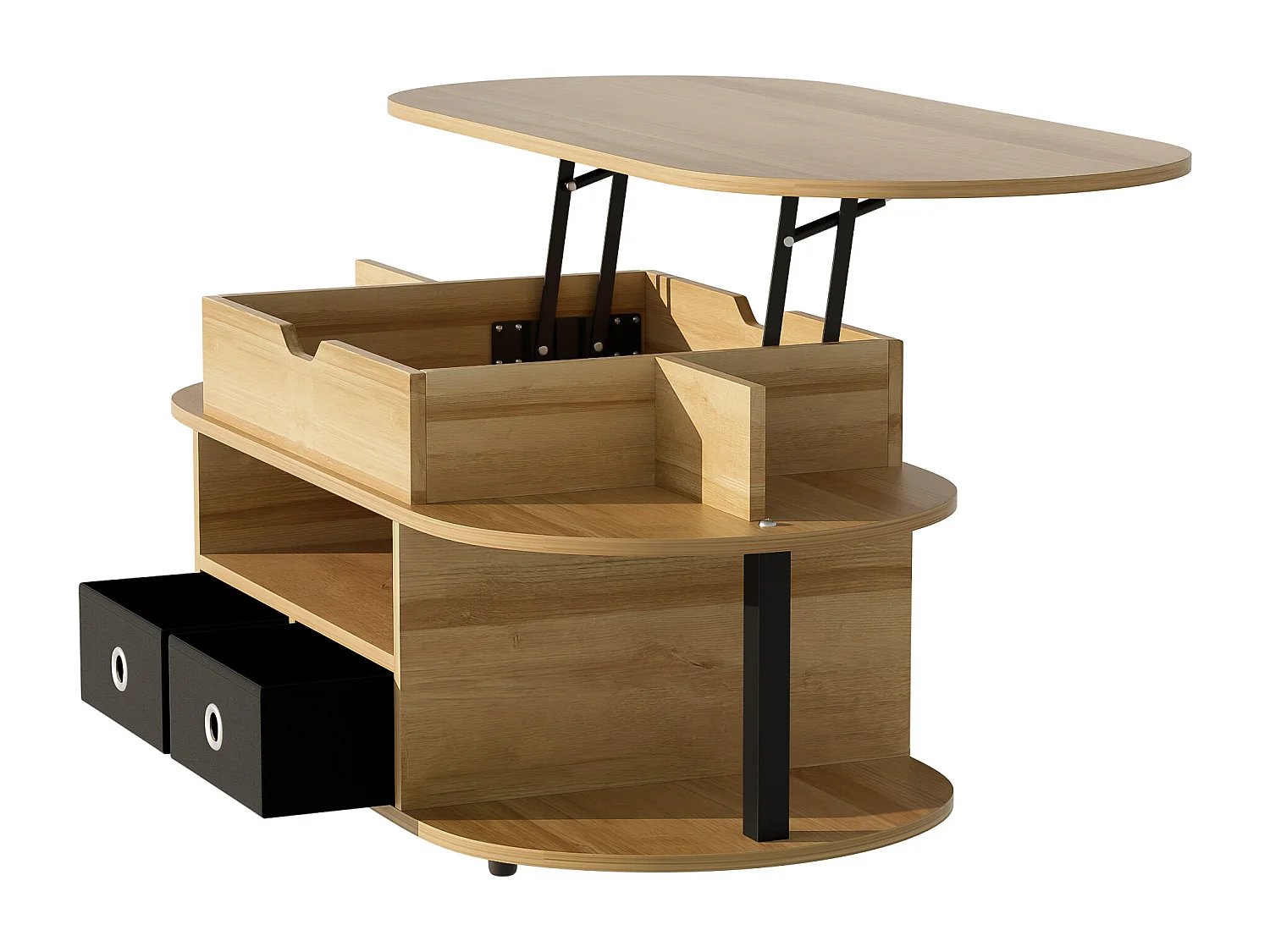 Table basse moderne 105x50x60cm - Fonction élévatrice - 2 tiroirs - Plusieurs compartiments de rangement - Naturel + noir