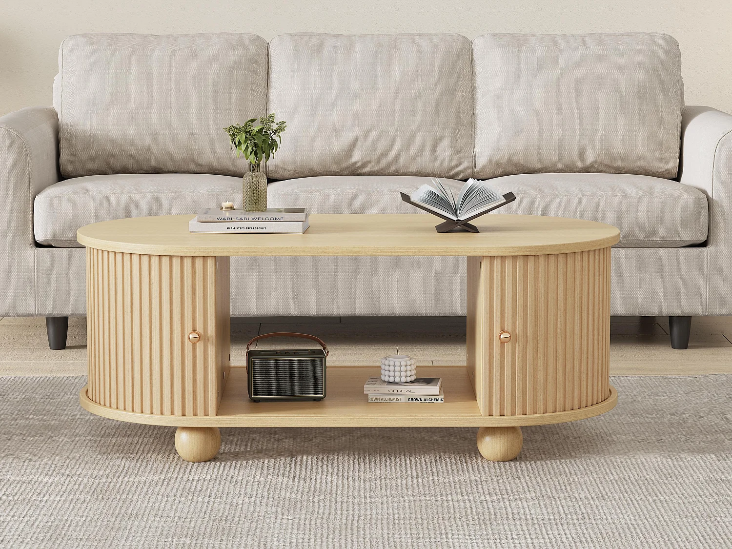 Mesa de centro 100x50x40 cm - com armazenamento - com portas corrediças - natural