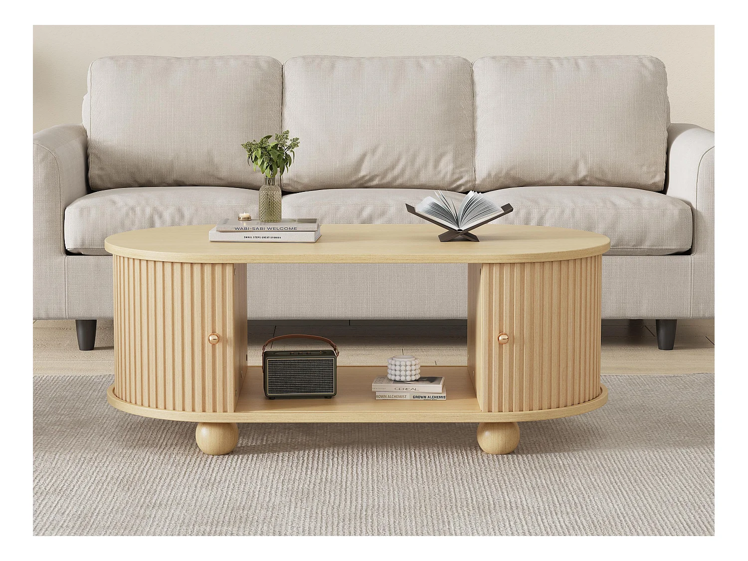 Mesa de centro 100x50x40 cm - con almacenamiento - con puertas correderas - natural