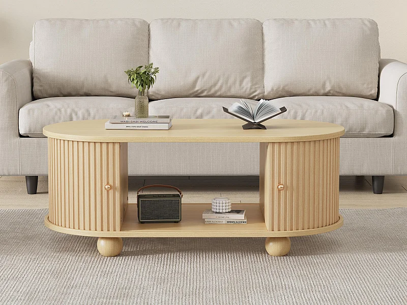 Couchtisch 100x50x40 cm - mit Staufach - mit Schiebetüren - natur