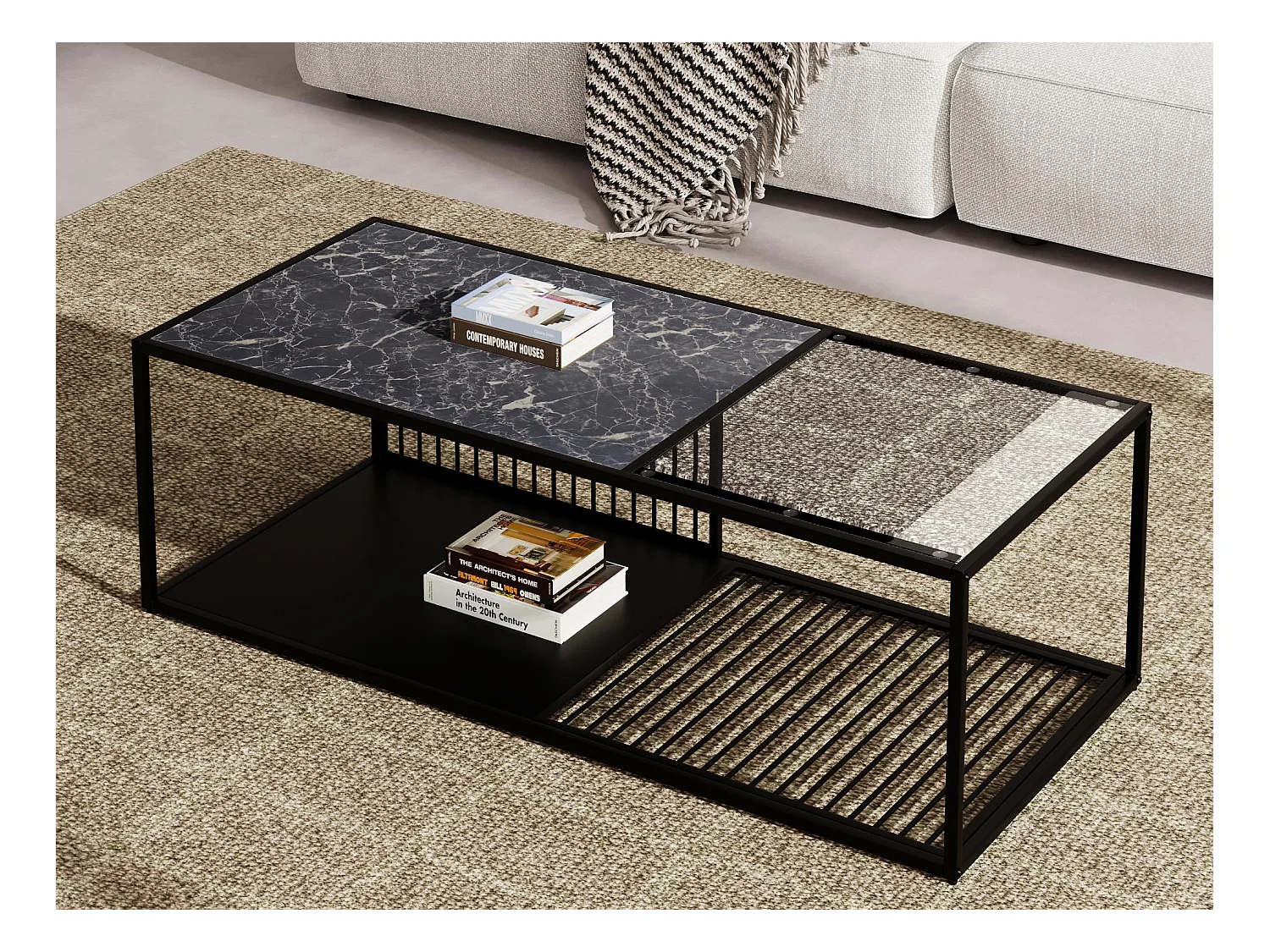 Table basse 110x48x35cm - Table basse en fer forgé - Avec verre - Espace de rangement - Noir