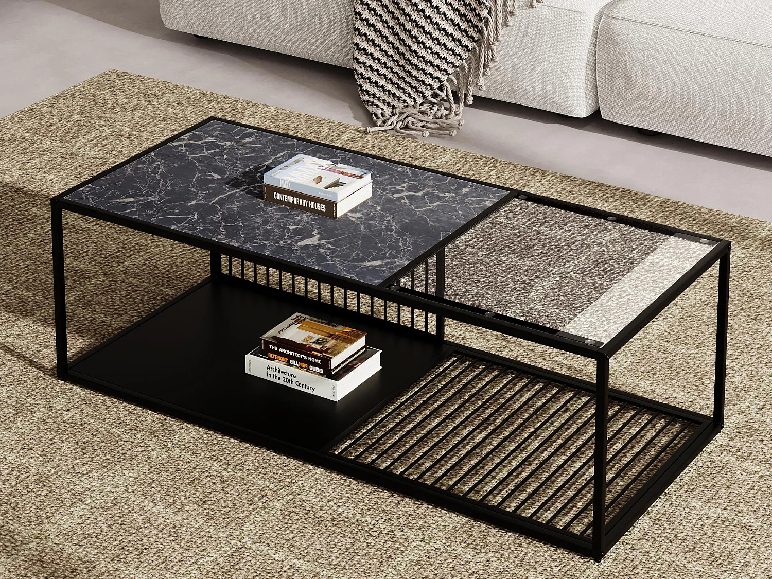 Table basse 110x48x35cm - Table basse en fer forgé - Avec verre - Espace de rangement - Noir