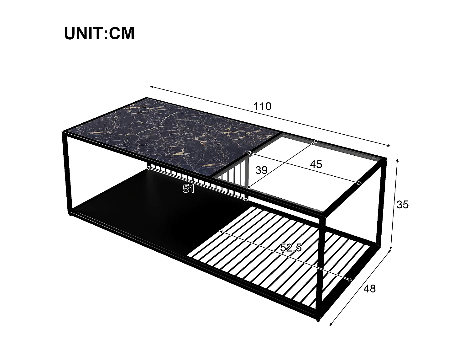 Table basse 110x48x35cm - Table basse en fer forgé - Avec verre - Espace de rangement - Noir