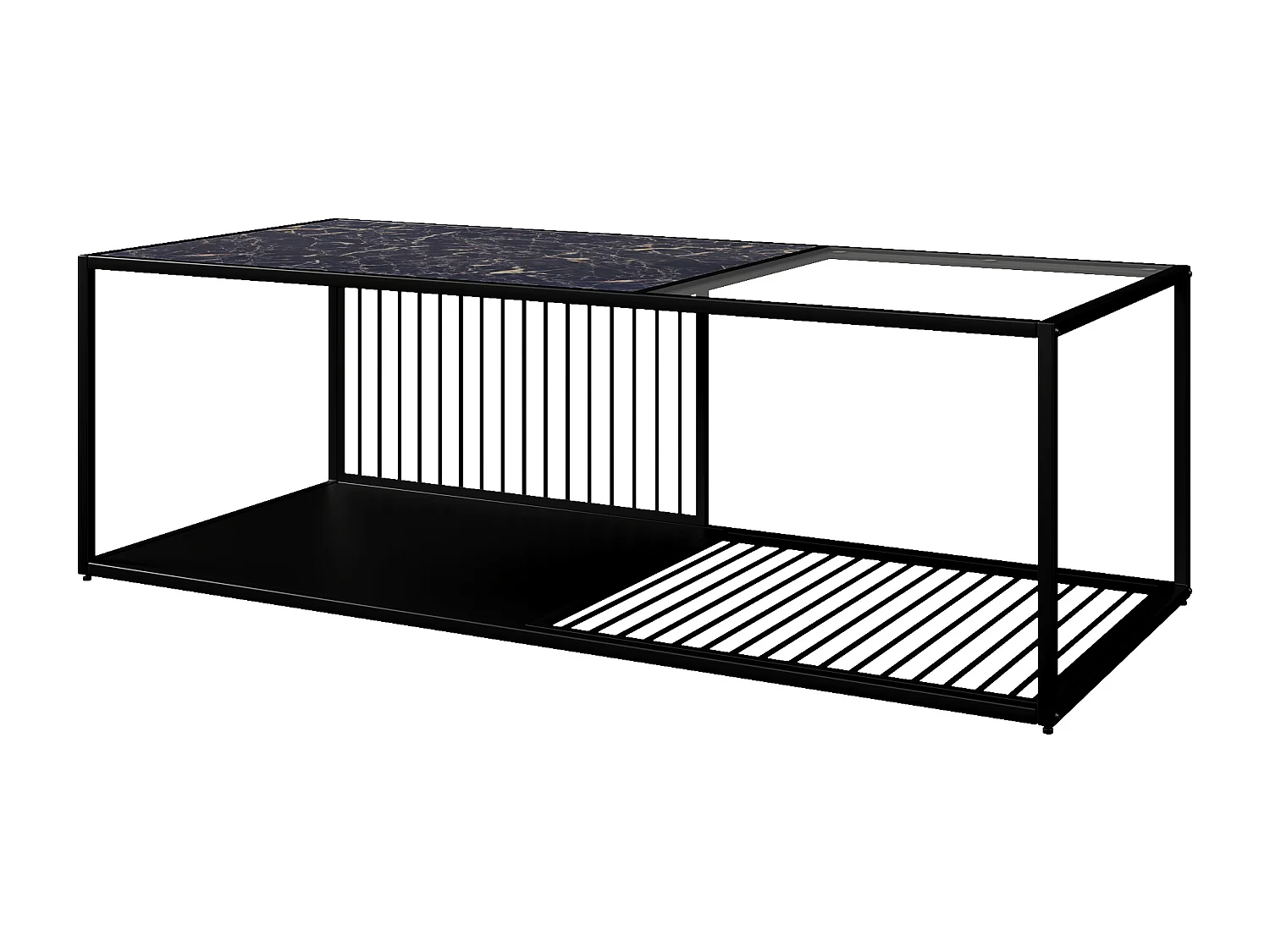 Table basse 110x48x35cm - Table basse en fer forgé - Avec verre - Espace de rangement - Noir