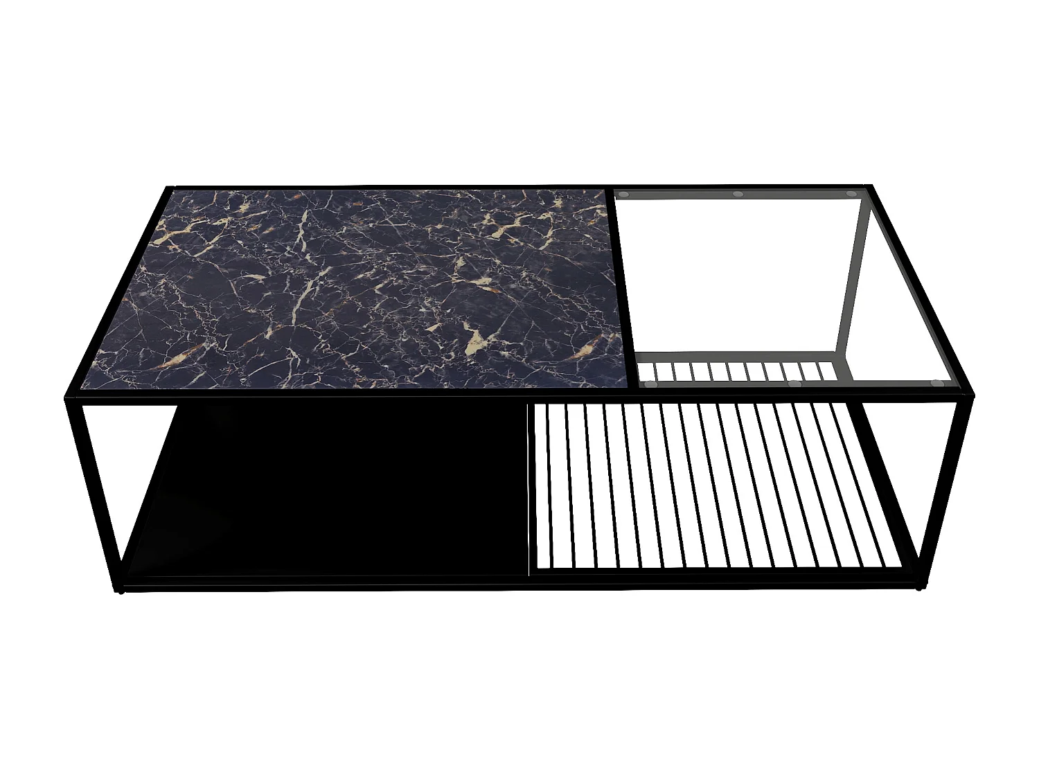 Table basse 110x48x35cm - Table basse en fer forgé - Avec verre - Espace de rangement - Noir