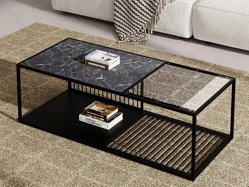 Table basse 110x48x35cm - Table basse en fer forgé - Avec verre - Espace de rangement - Noir