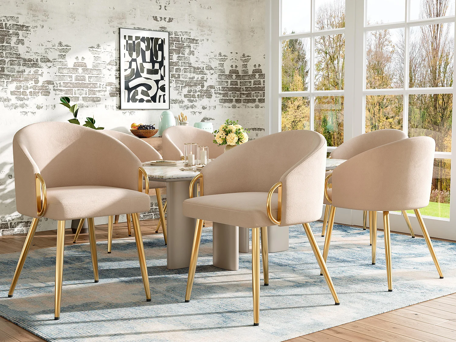 Lot de 6 chaises - Velours de haute qualité - Pieds réglables - Beige