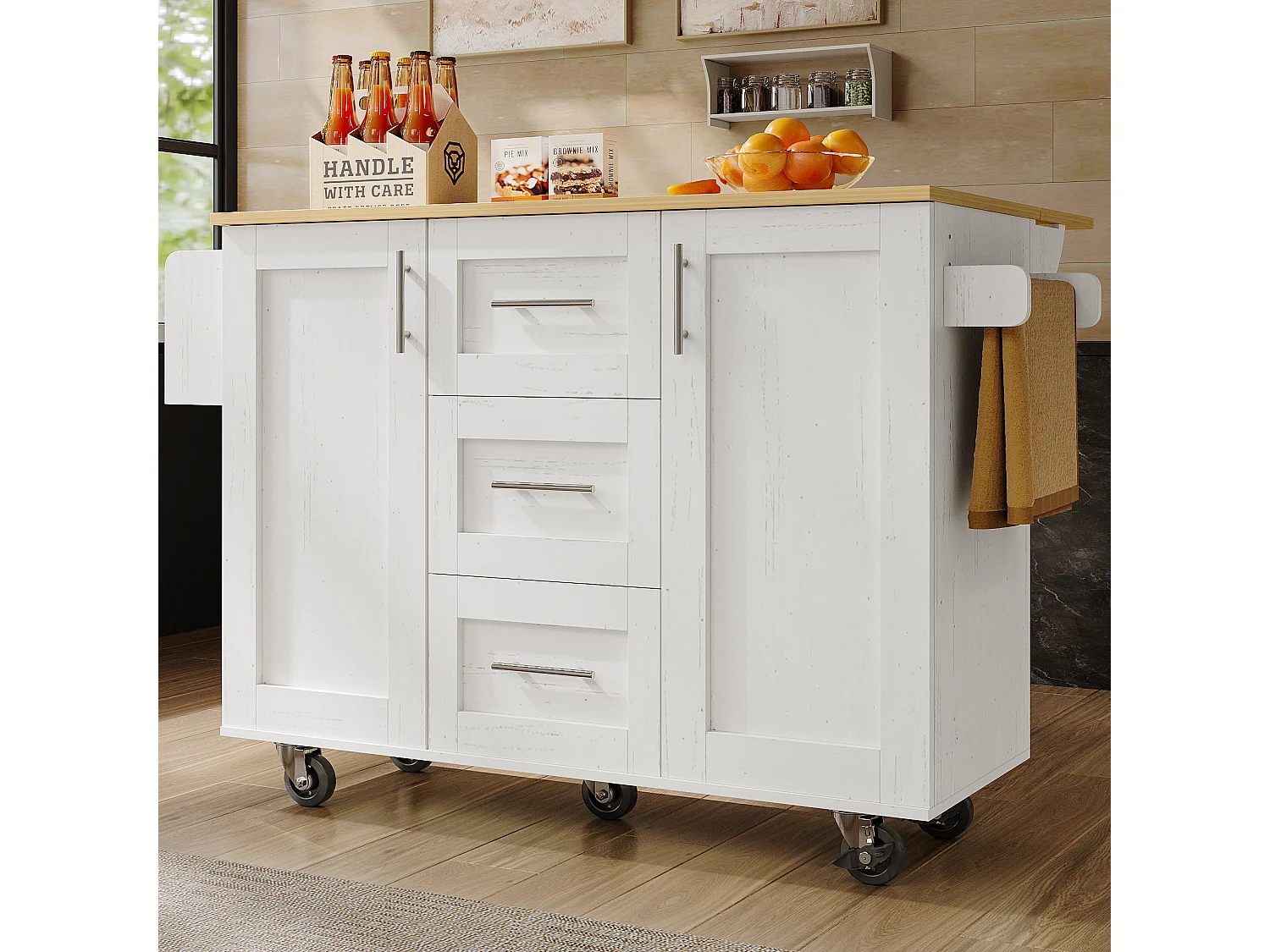 Ilot central de cuisine - chariot à roulette avec plateau extensible - 3 tiroirs et 2 portes - Blanc