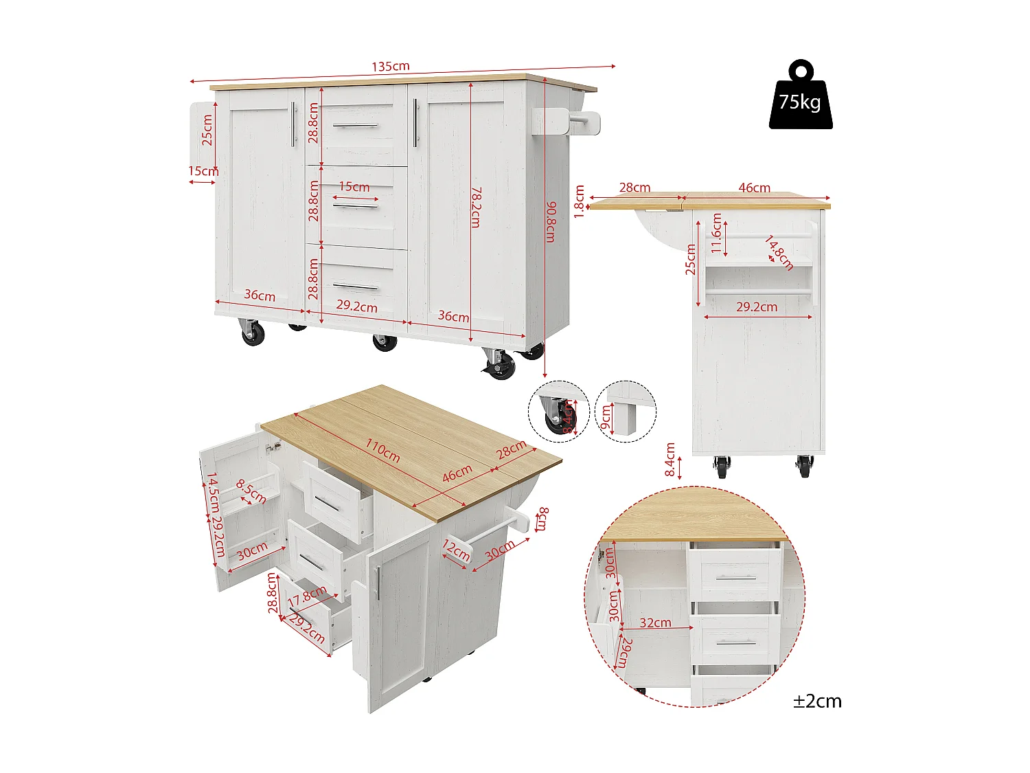 Ilot central de cuisine - chariot à roulette avec plateau extensible - 3 tiroirs et 2 portes - Blanc