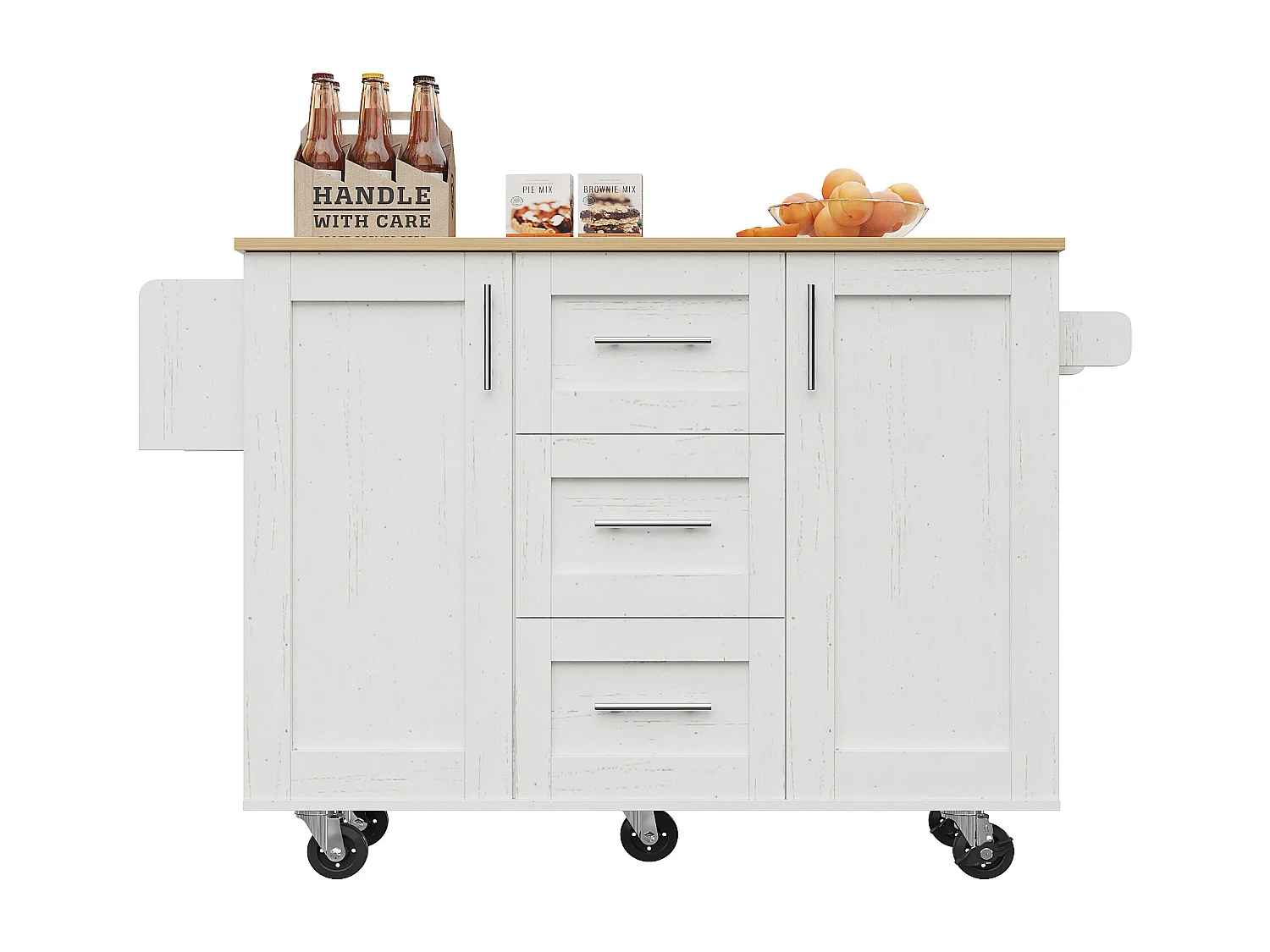 Ilot central de cuisine - chariot à roulette avec plateau extensible - 3 tiroirs et 2 portes - Blanc