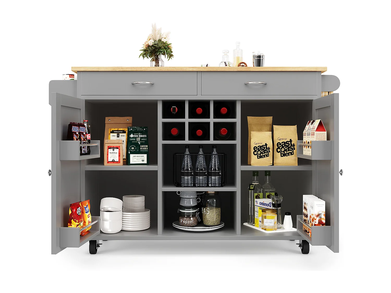 Mobilna wyspa kuchenna z 2 drzwiami i 2 szufladami - 102x45x92 cm - Drewno MDF - Szary i naturalny