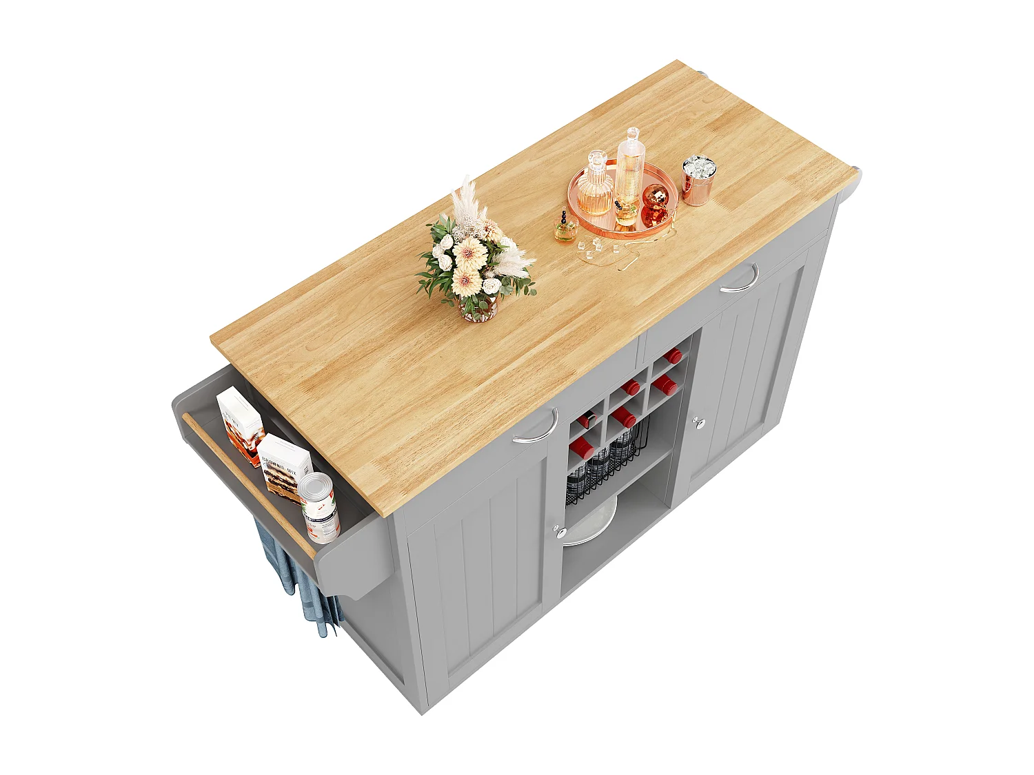 Mobilna wyspa kuchenna z 2 drzwiami i 2 szufladami - 102x45x92 cm - Drewno MDF - Szary i naturalny