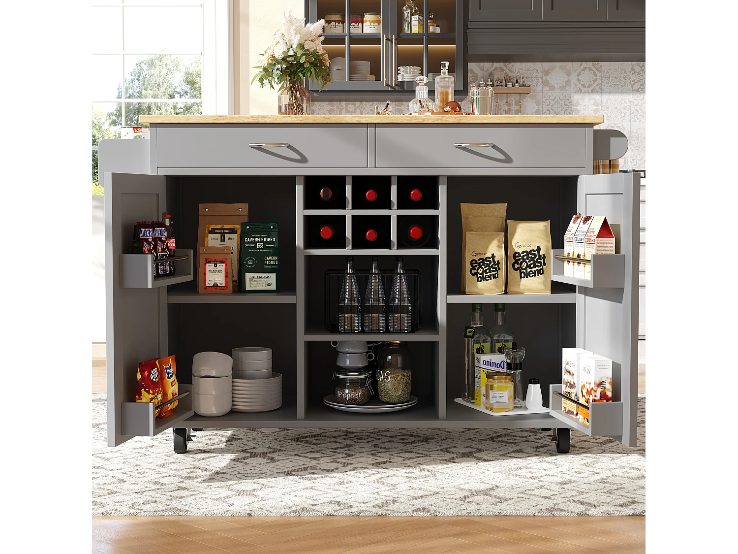 Ilot central de cuisine mobile avec 2 portes et 2 tiroirs - 102x45x92 cm - Bois MDF - Gris et naturel
