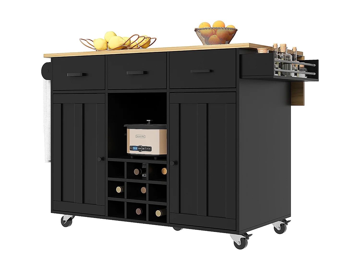 Isola centrale da cucina - carrello con ruote e piano estensibile - 3 cassetti e 2 porte - Nero