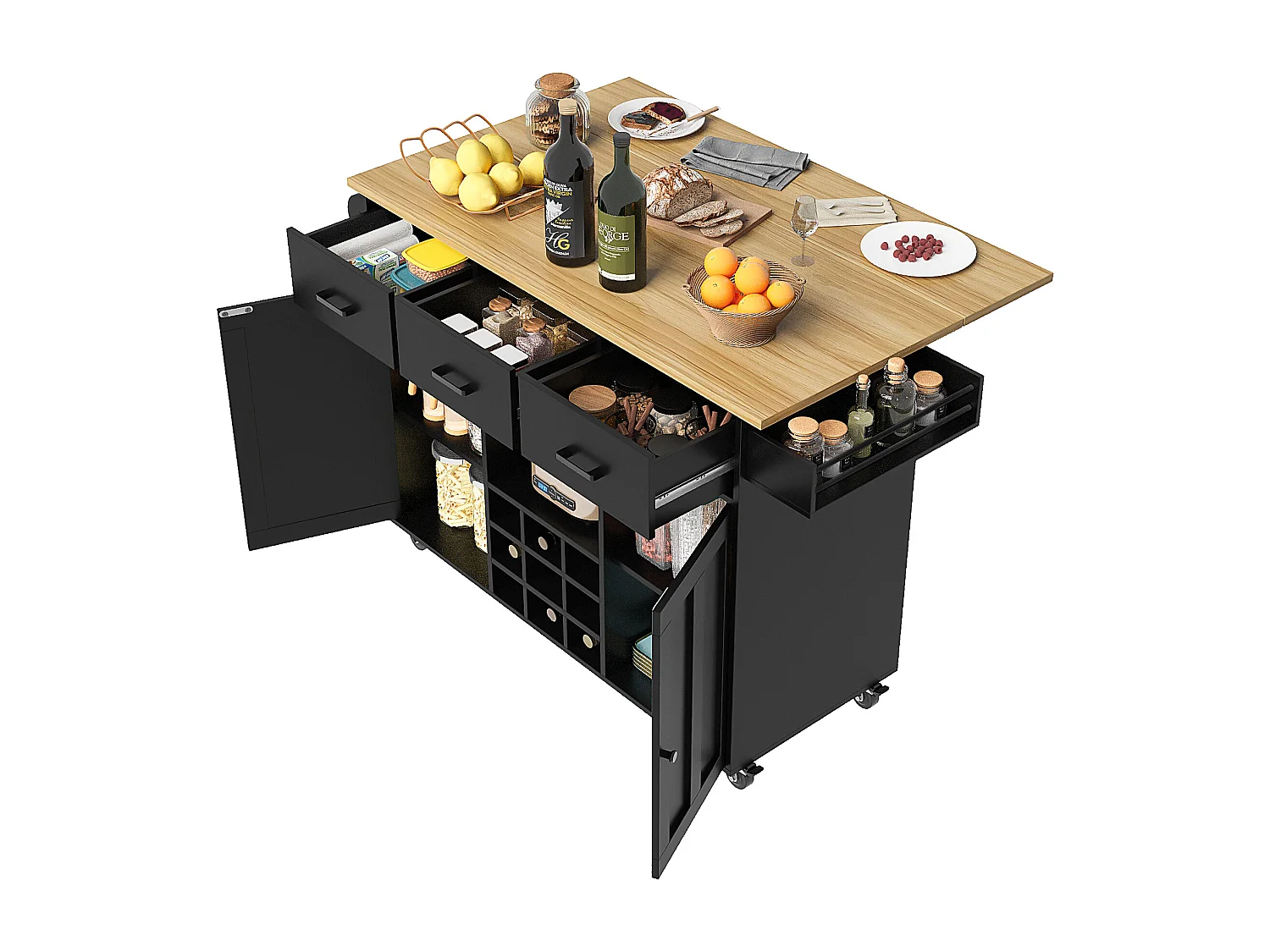 Isola centrale da cucina - carrello con ruote e piano estensibile - 3 cassetti e 2 porte - Nero