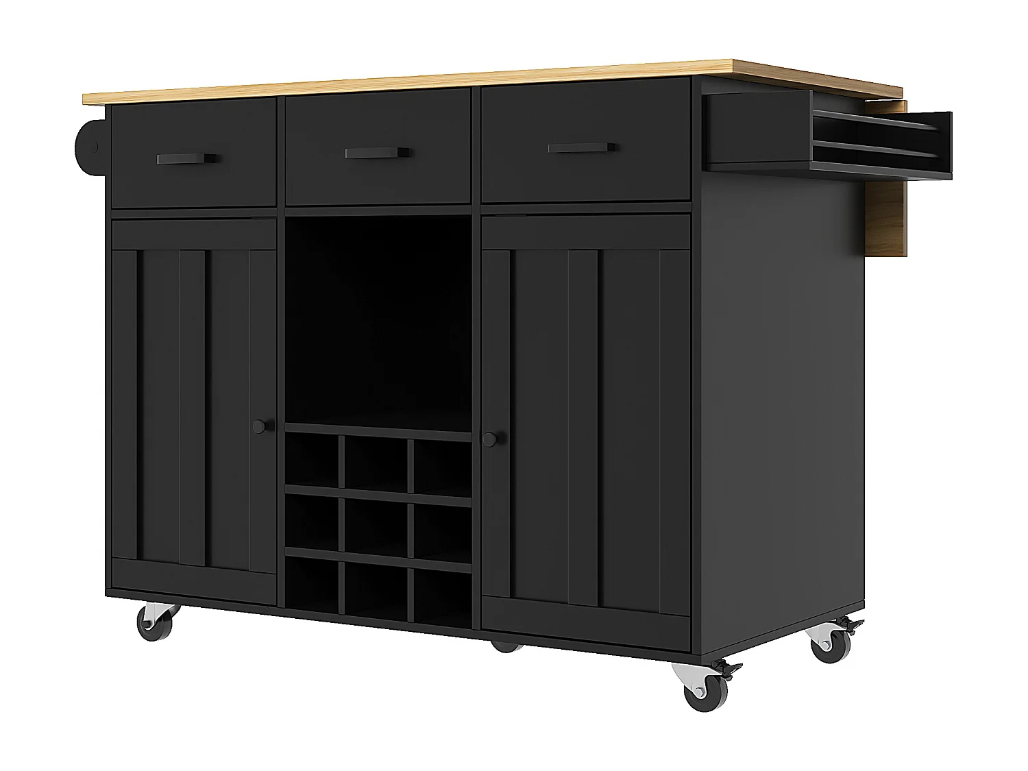 Isola centrale da cucina - carrello con ruote e piano estensibile - 3 cassetti e 2 porte - Nero