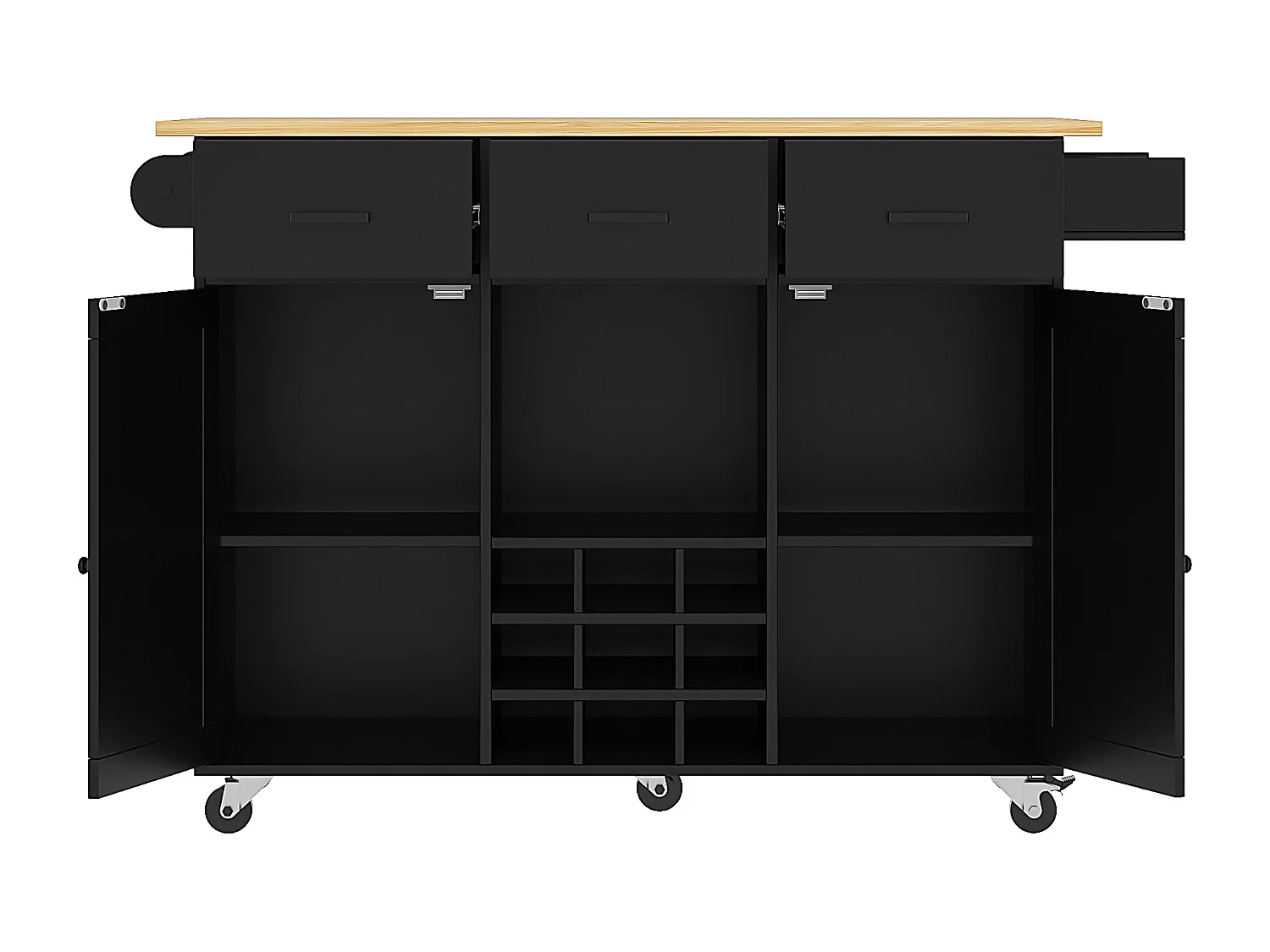 Isola centrale da cucina - carrello con ruote e piano estensibile - 3 cassetti e 2 porte - Nero