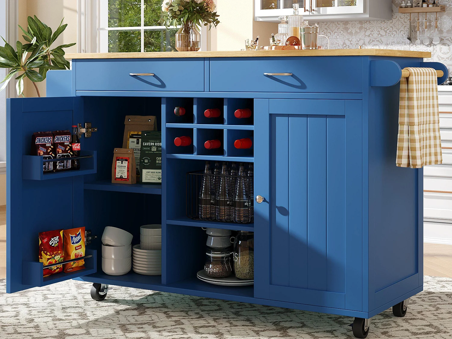 Mobiele centrale keukeneiland met 2 deuren en 2 lades - 102x45x92 cm - MDF van hout - Blauw en natuurlijk