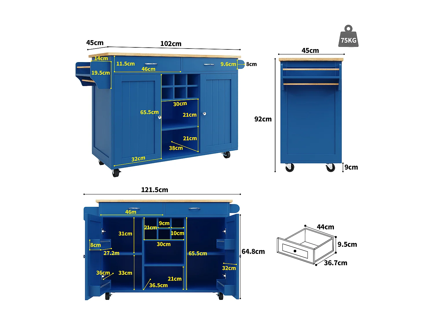 Mobiele centrale keukeneiland met 2 deuren en 2 lades - 102x45x92 cm - MDF van hout - Blauw en natuurlijk