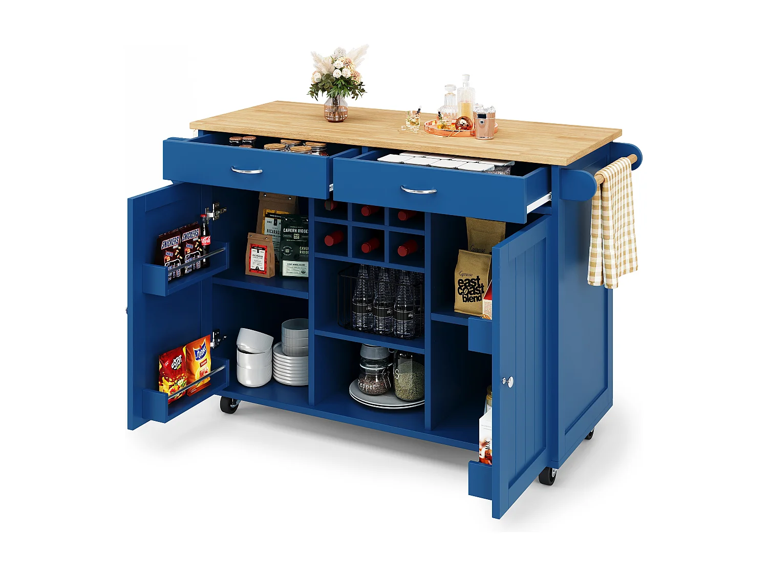 Mobiele centrale keukeneiland met 2 deuren en 2 lades - 102x45x92 cm - MDF van hout - Blauw en natuurlijk