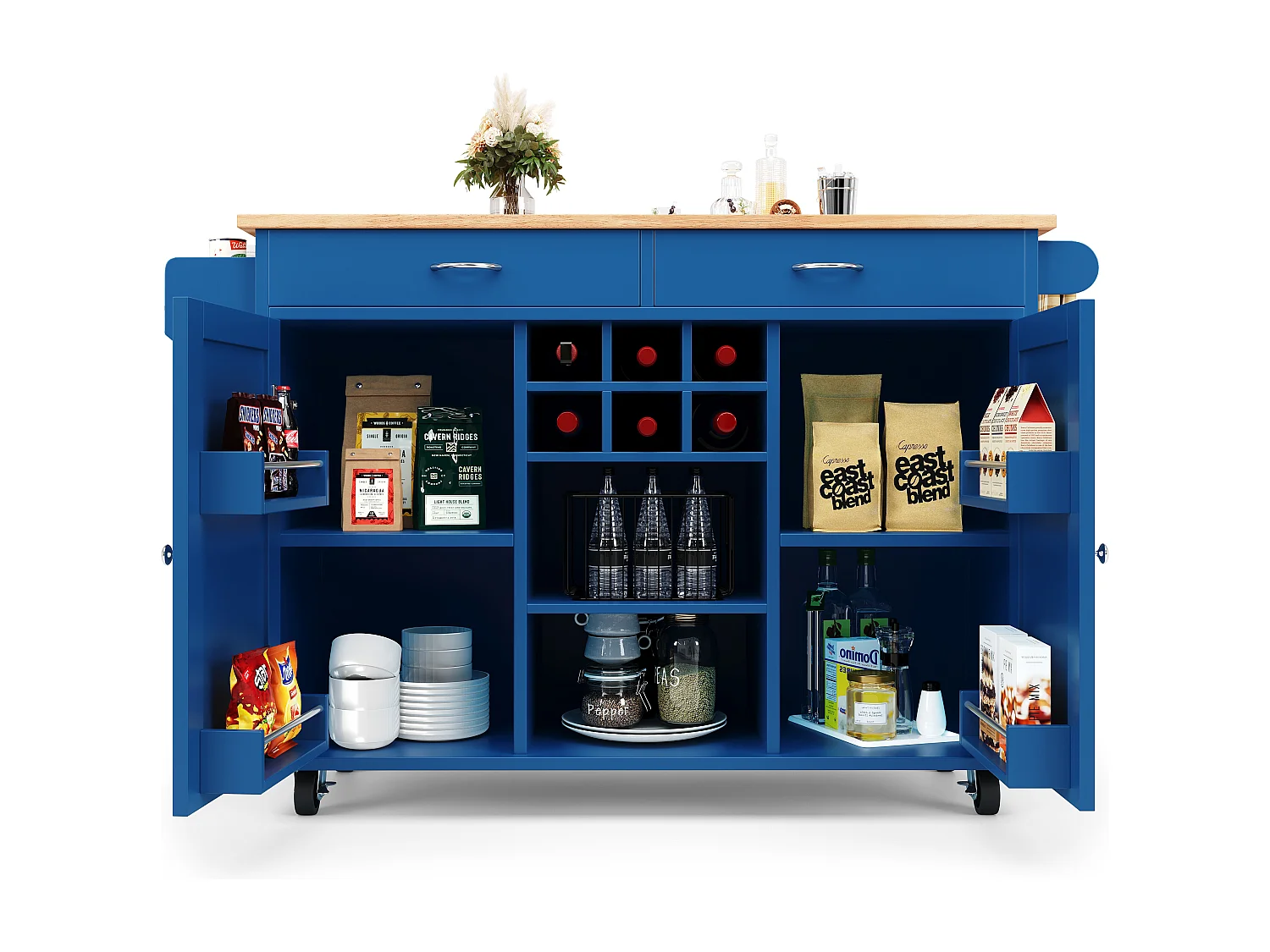 Mobiele centrale keukeneiland met 2 deuren en 2 lades - 102x45x92 cm - MDF van hout - Blauw en natuurlijk