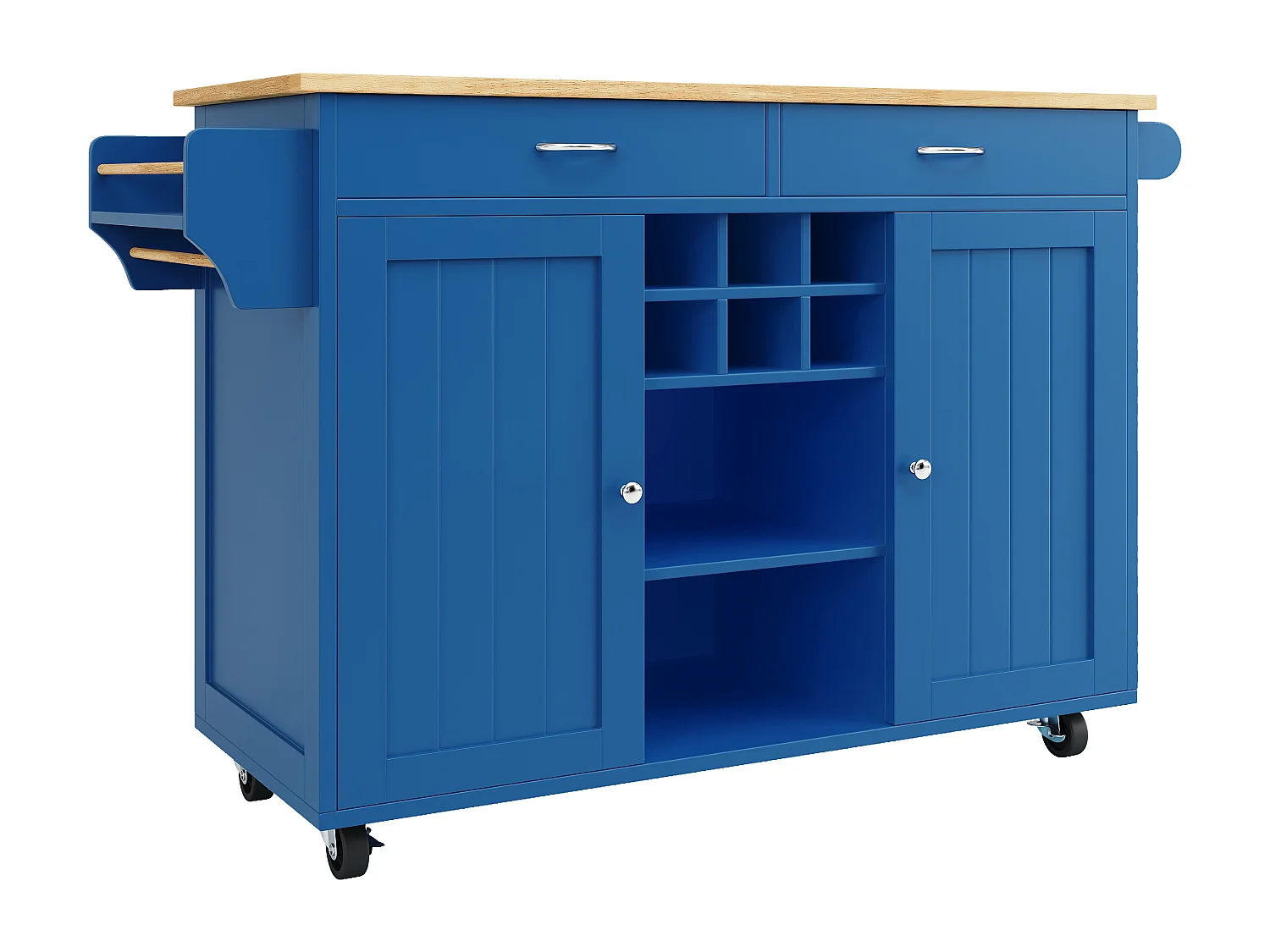 Mobiele centrale keukeneiland met 2 deuren en 2 lades - 102x45x92 cm - MDF van hout - Blauw en natuurlijk