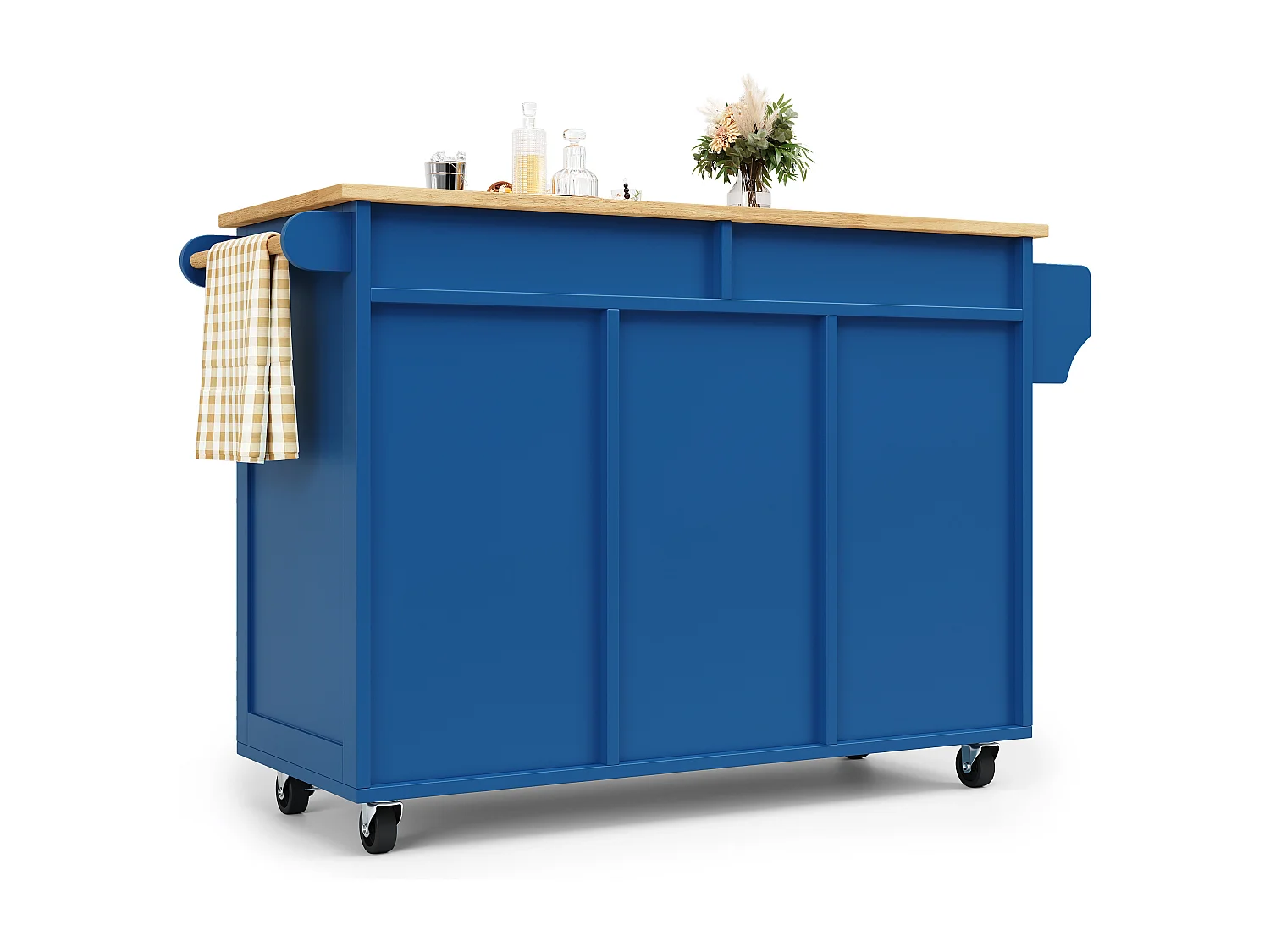 Mobiele centrale keukeneiland met 2 deuren en 2 lades - 102x45x92 cm - MDF van hout - Blauw en natuurlijk